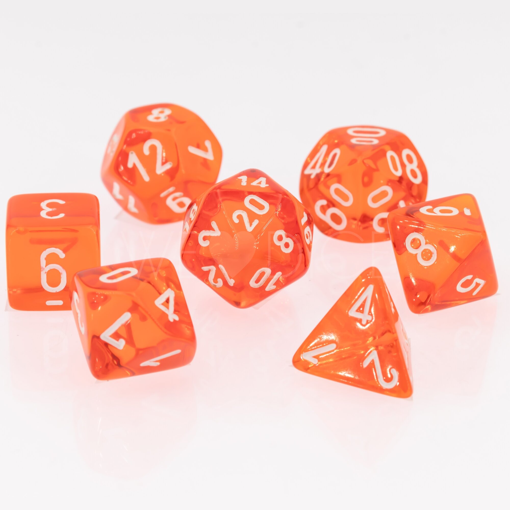 Transparent Polyhedral Orange / weiß 7-Würfel Set