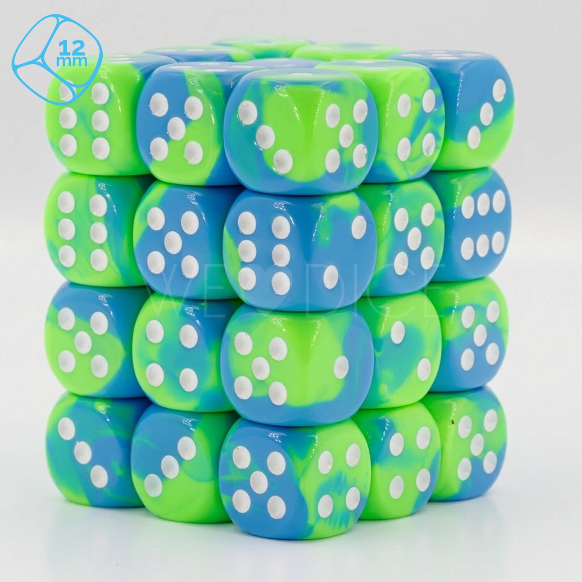 2-way blue - green / white 12mm D6 Dice Set  (36Pcs)