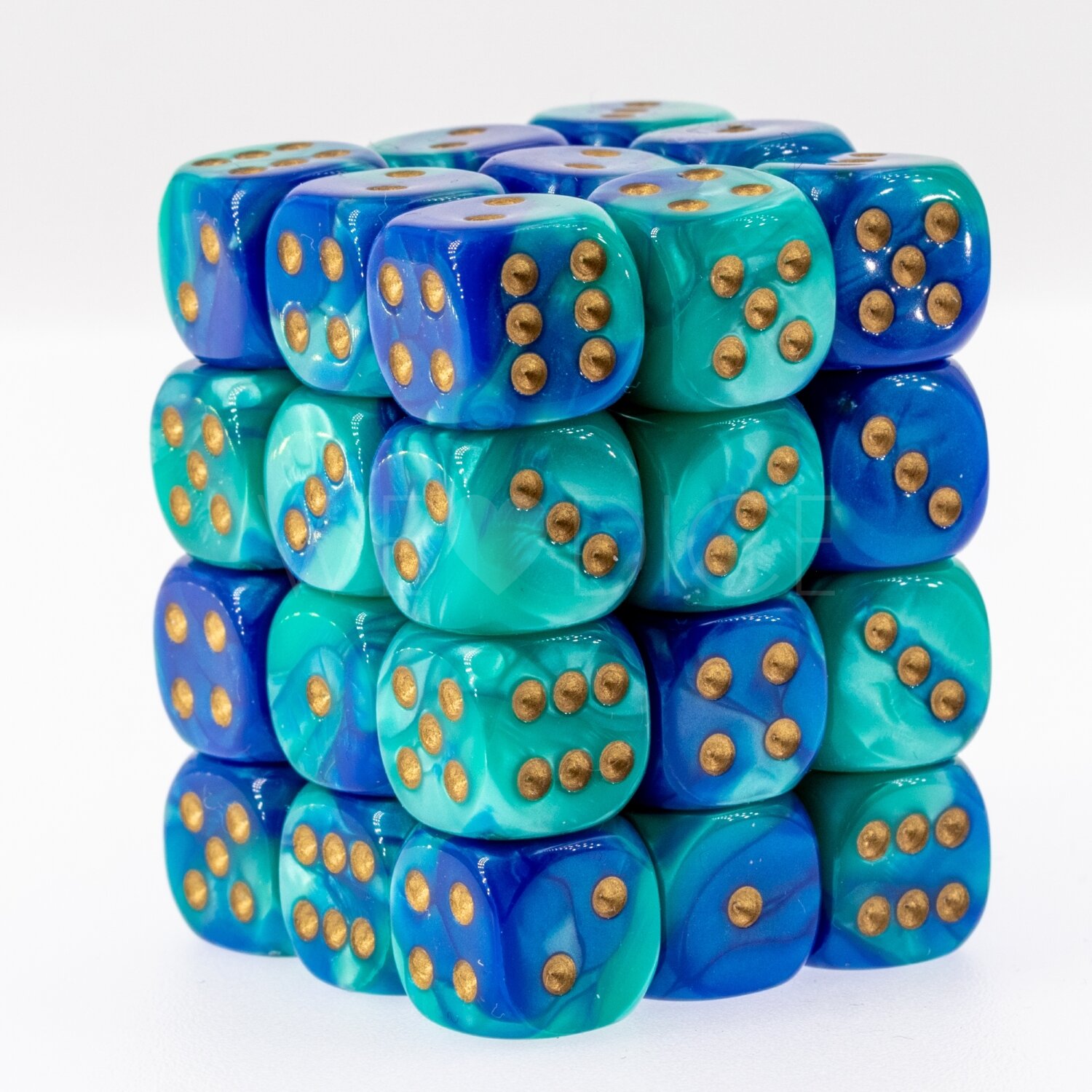Gemini® Blau-Grün / gold 12mm W6 Würfel Set (36 Würfel)