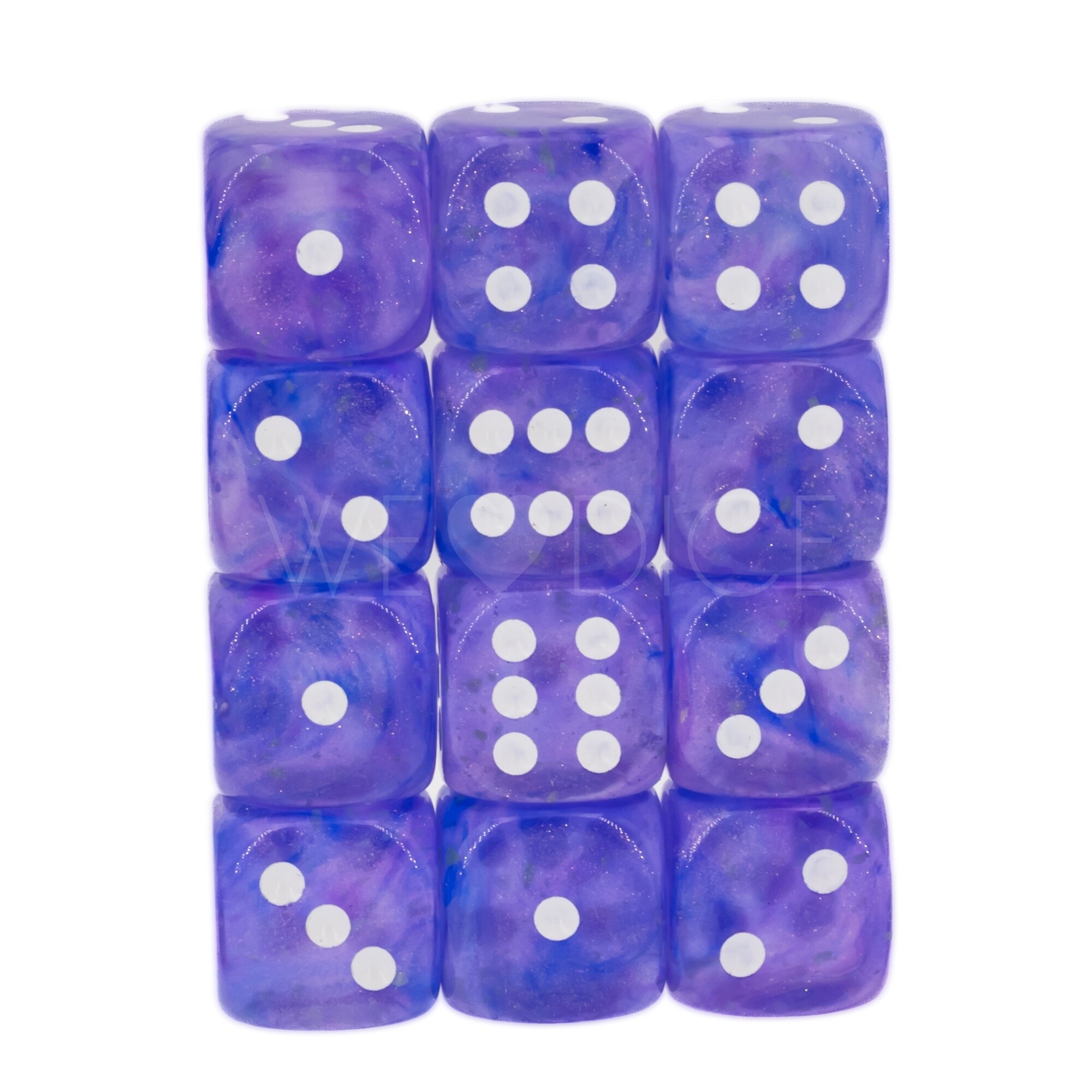 Borealis® Lila / weiß 12mm W6 Würfel Set (36 Würfel)