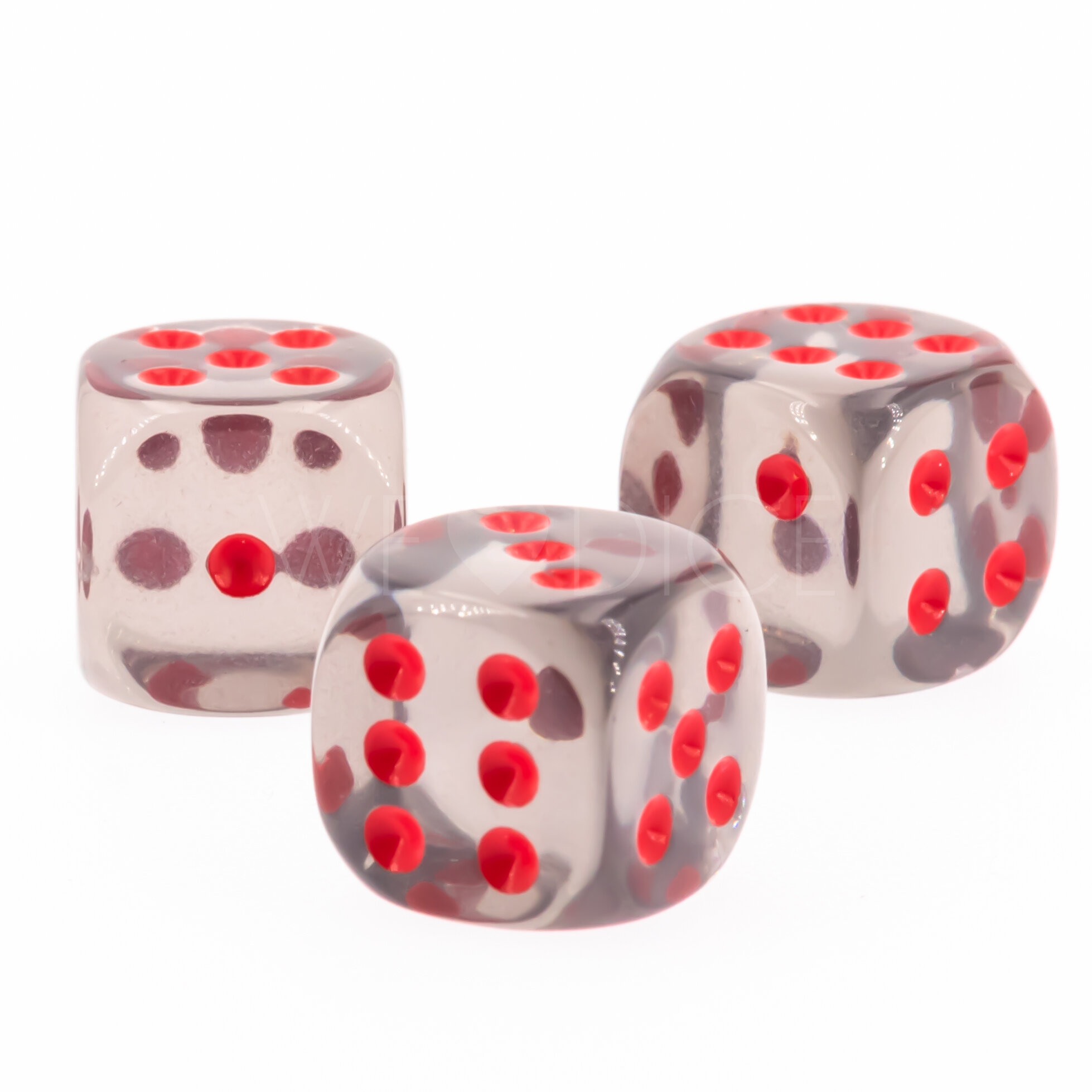 Transparent Rauch / rot 12mm W6 Würfel mit Punkten (1 Stück)