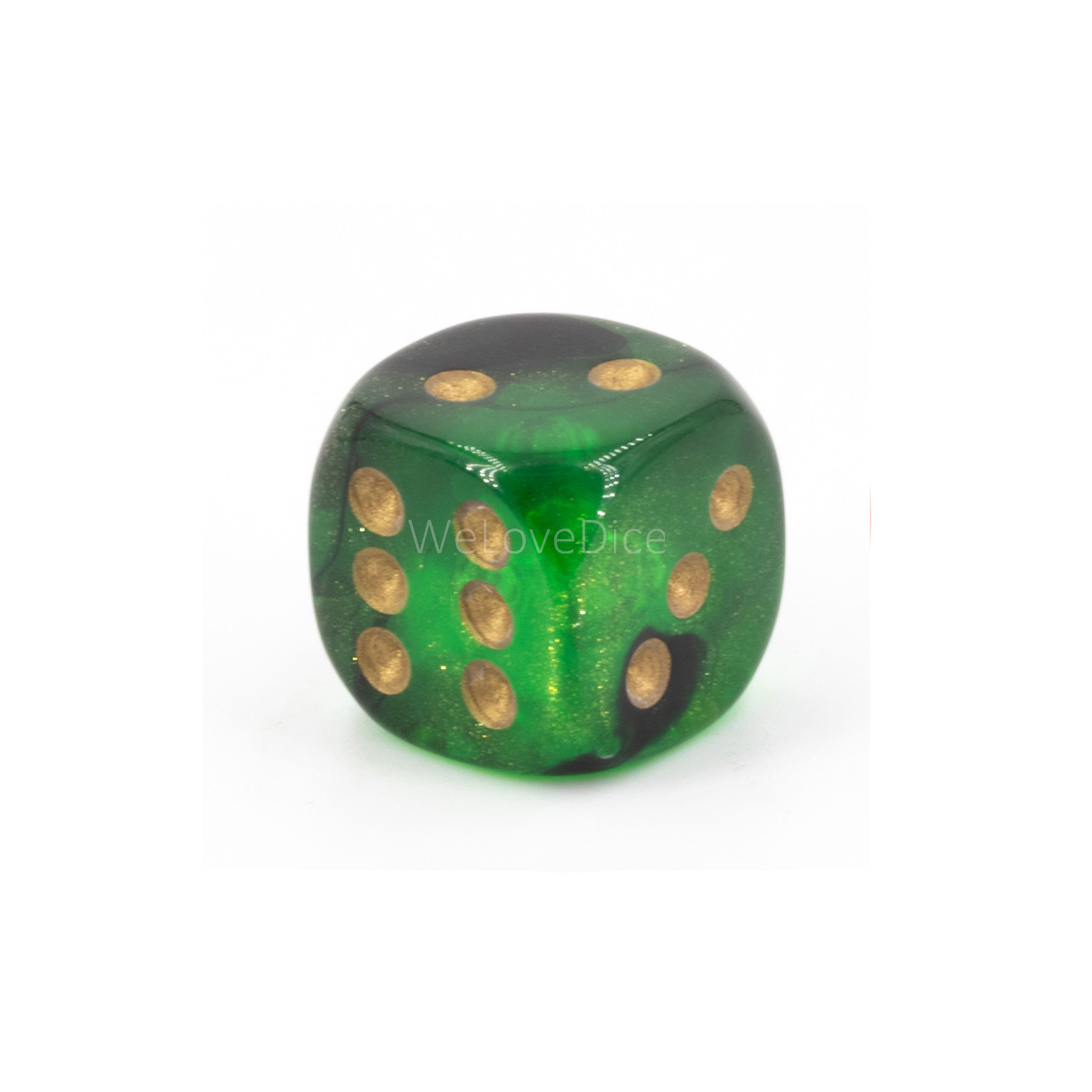 12mm  D6 Dice in glitter green black / gold 2-way