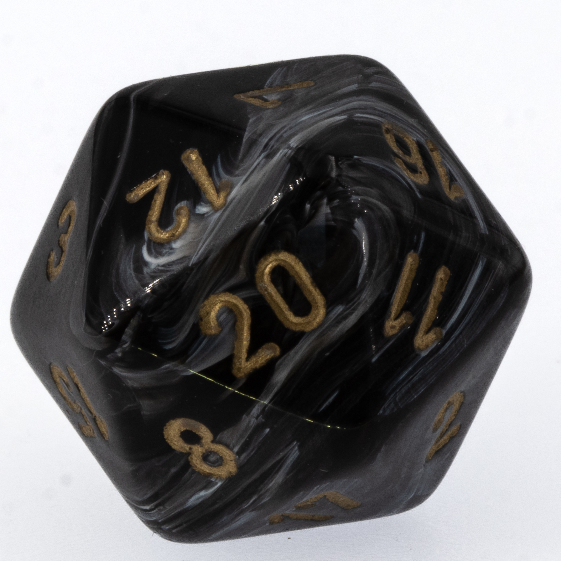 D20 dice in black grey / white marbled, silk