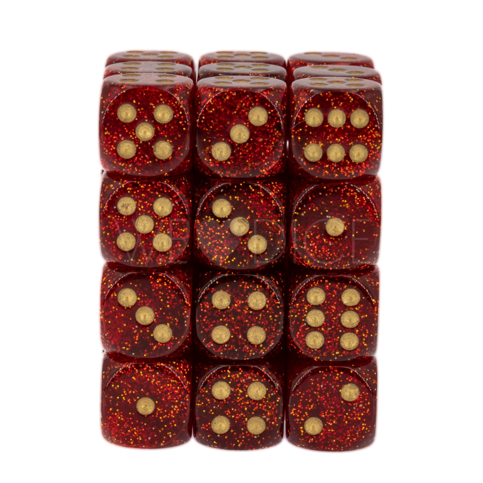 Glitter Ruby / Gold 12mm W6 Würfel Set (36 Würfel)