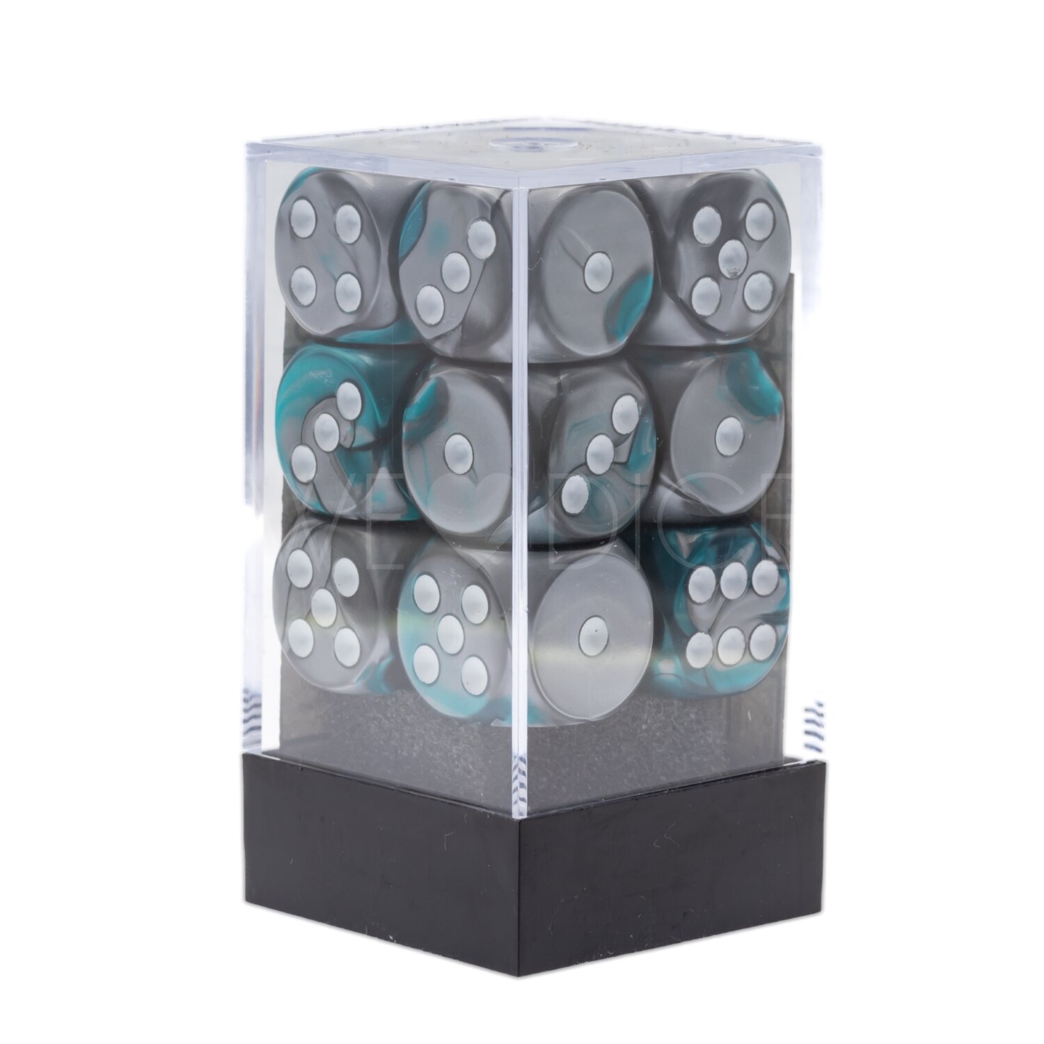 Gemini® Stah-Türkis / weiß 16mm W6 Würfel Set (12 Würfel)