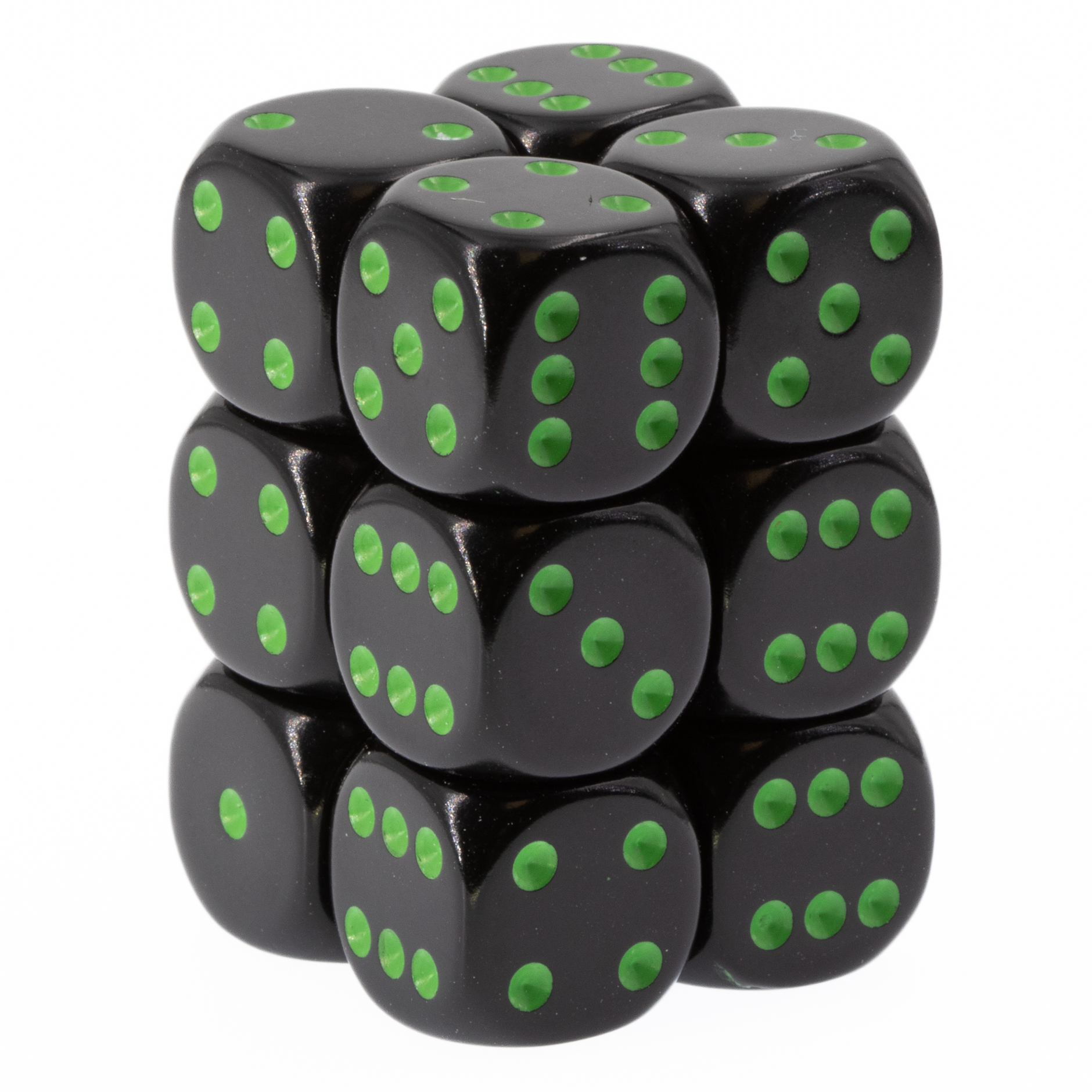 Satt schwarz / grün 16mm W6 Würfel Set (12 Würfel)