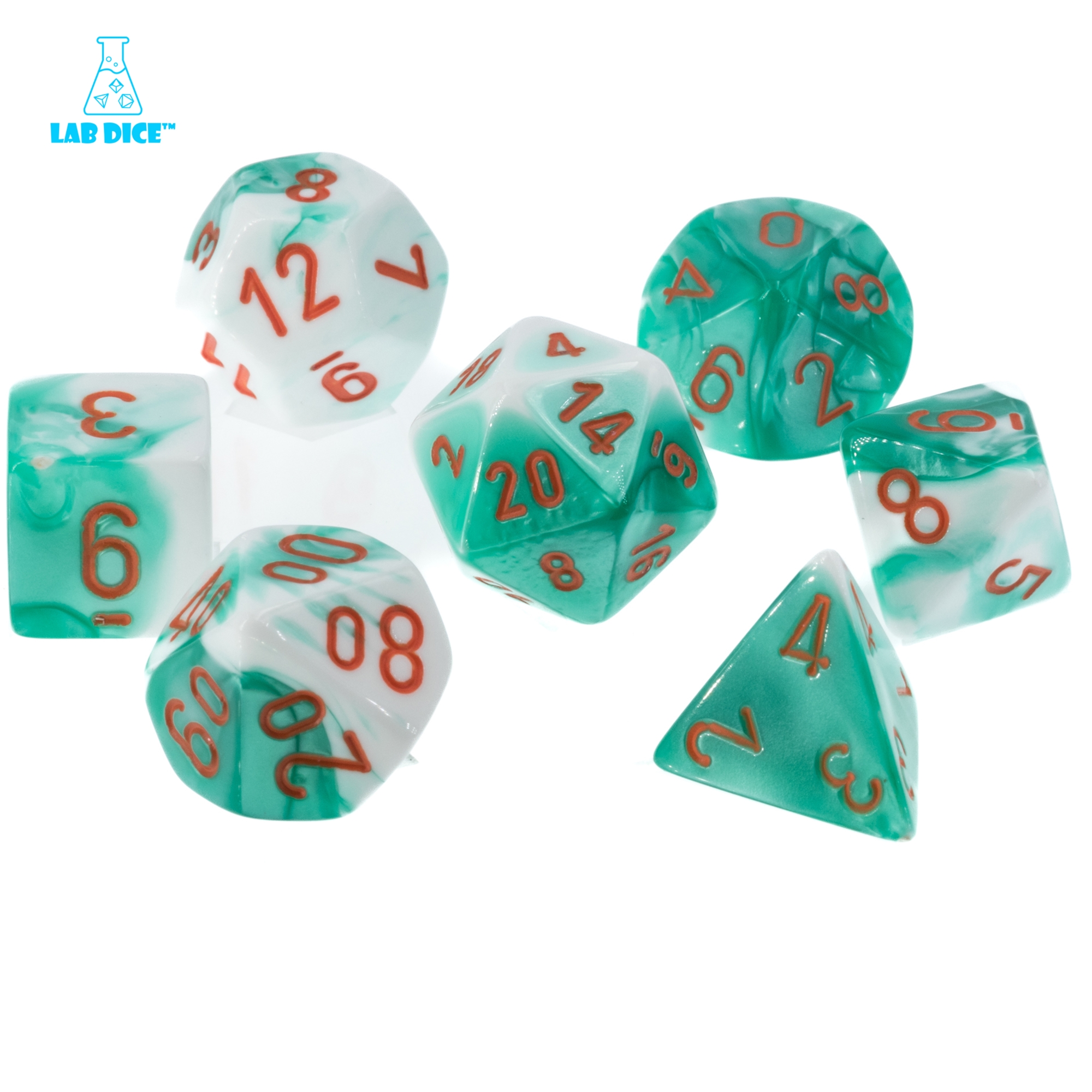 LabDice Gemini® Mint Green-White/orange  Set 7 Stück