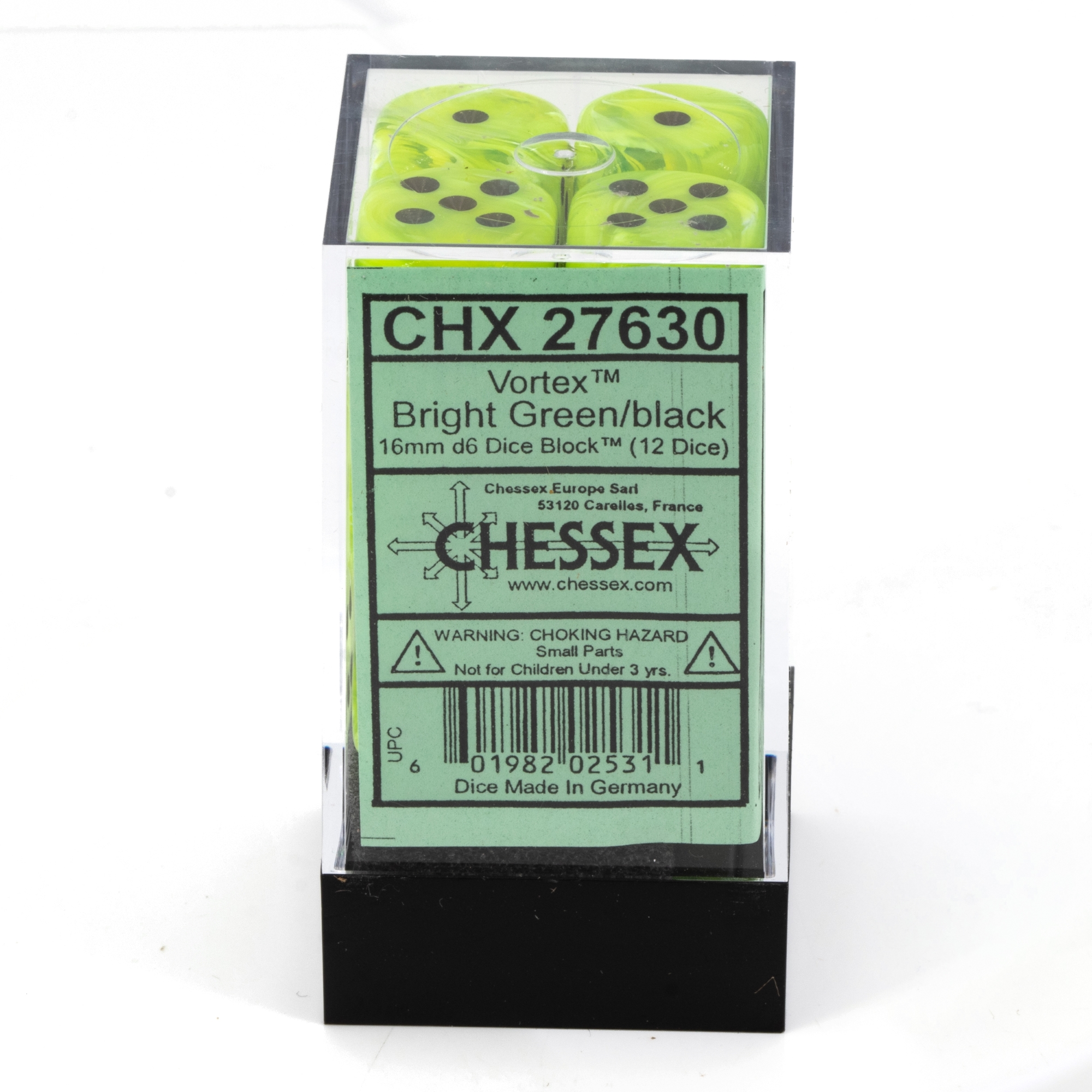 Vortex® Hellgrün / Schwarz 16mm W6 Würfel Set (12 Würfel)