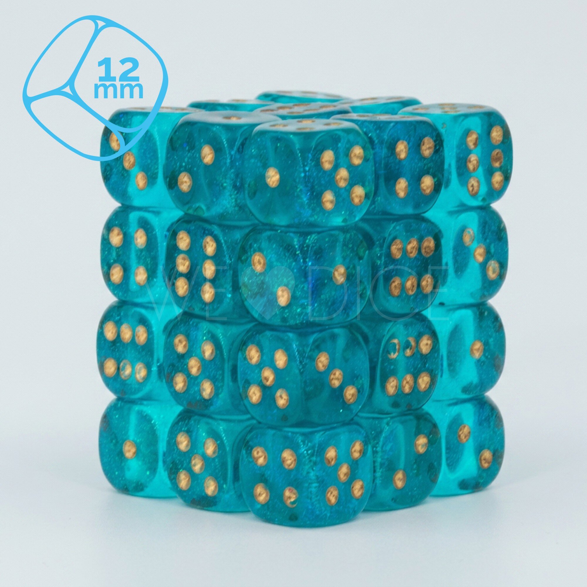 Borealis® Teal / gold 12mm W6 Würfel Set (36 Würfel)