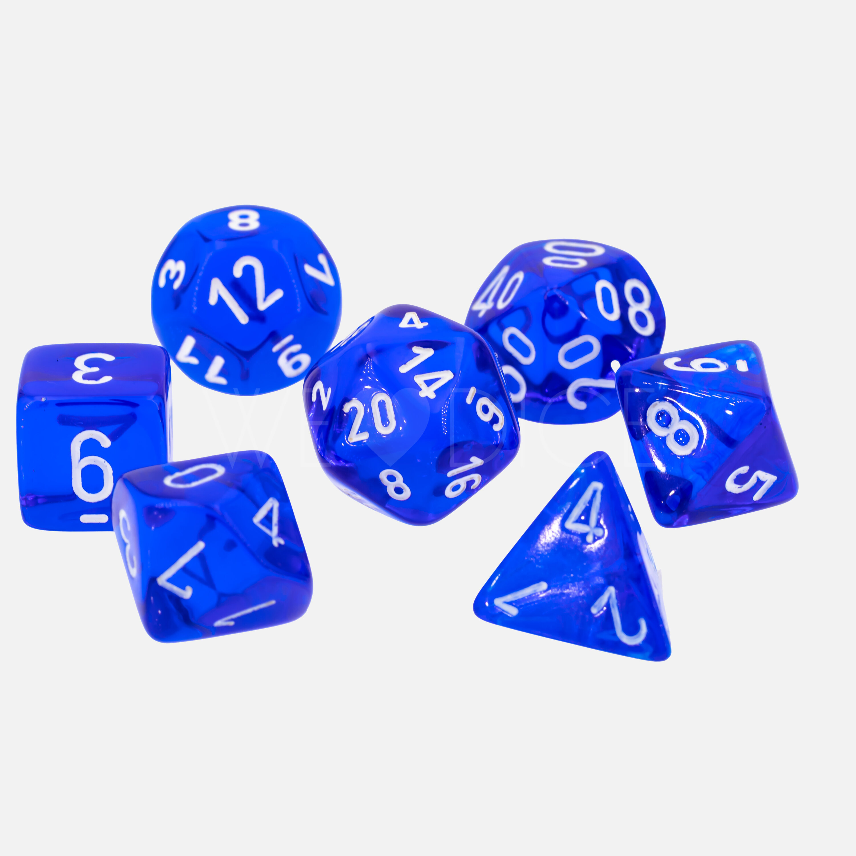Transparent Polyhedral Blau / weiß 7-Würfel Set