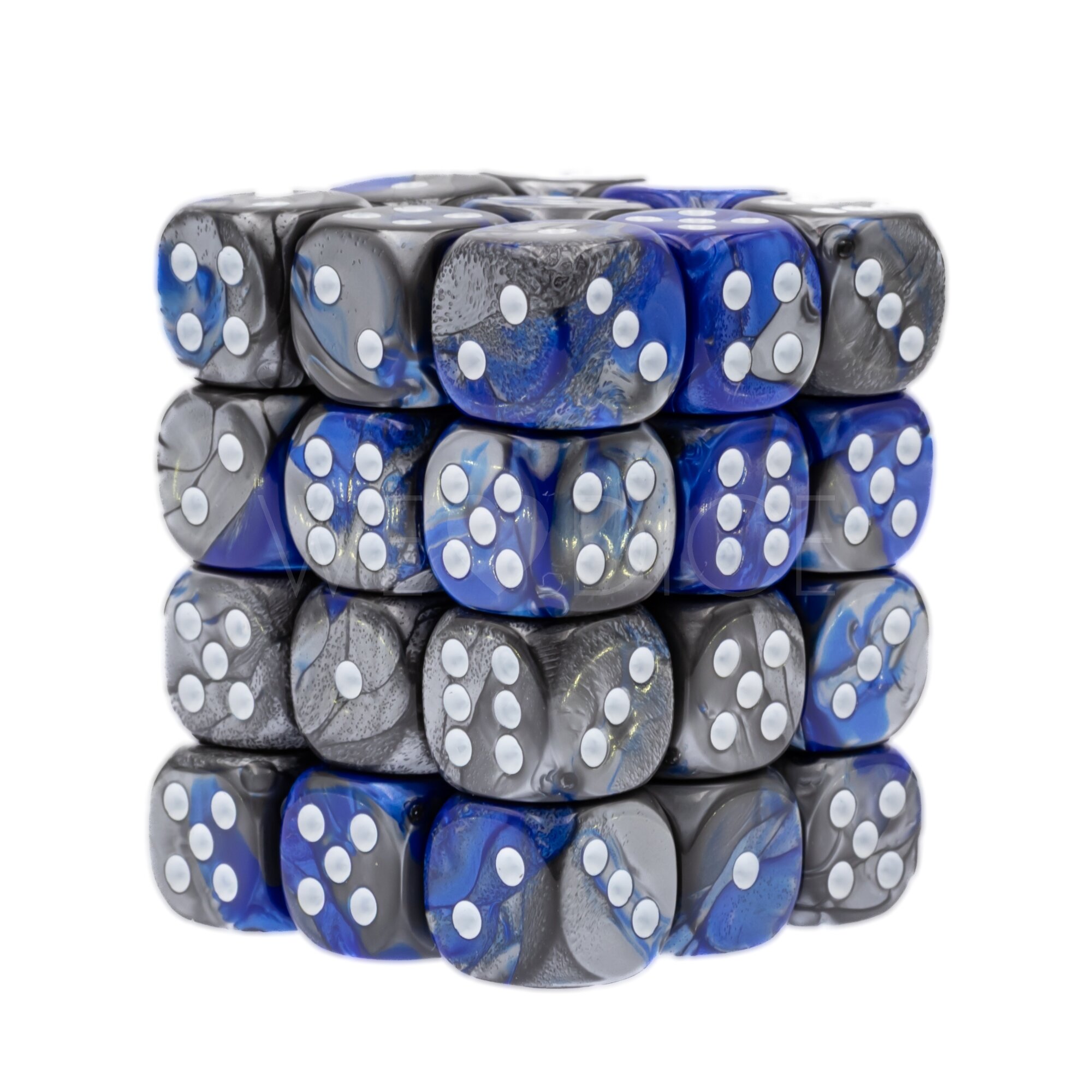 Gemini® Blau-Stahl / weiß 12mm W6 Würfel Set (36 Würfel)