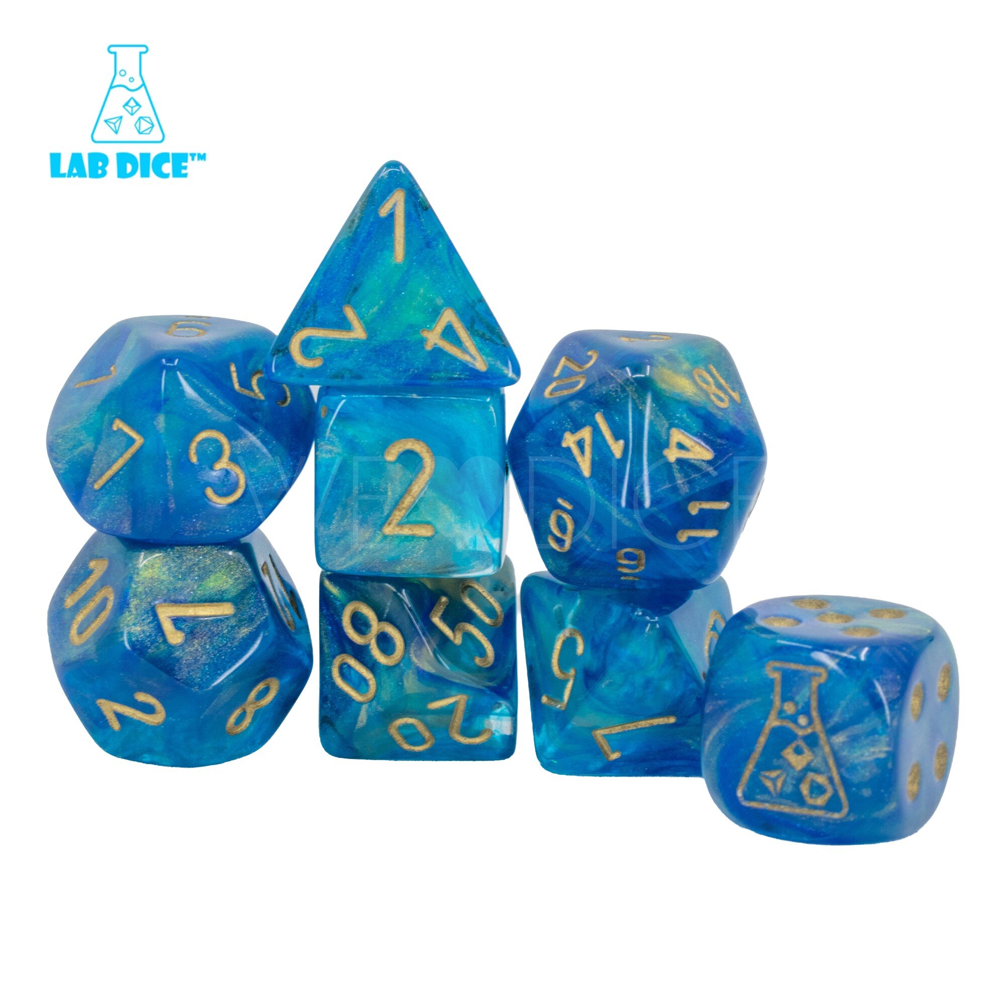 LabDice Shimmer™ Aqueros / gold  Set 8 Stück