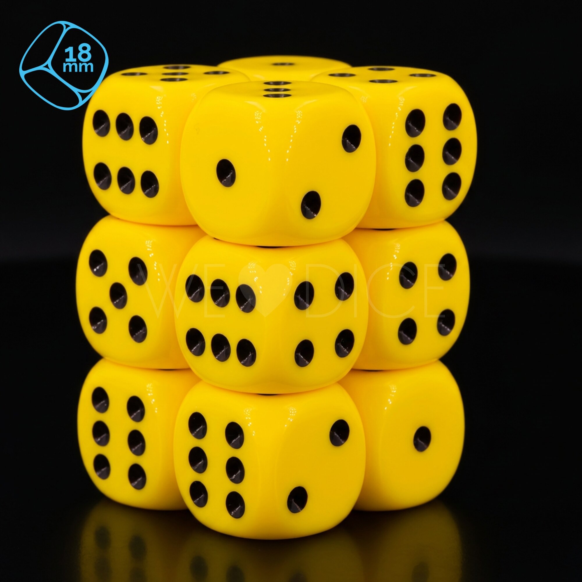 Opaque yellow / black 18mm D6 Dice Set  (12 Pcs)