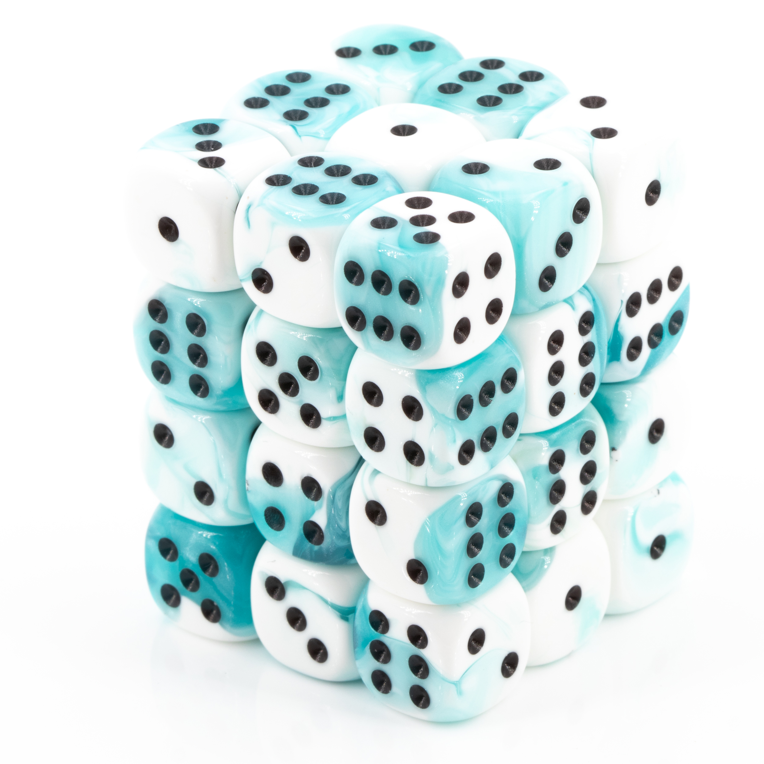 Gemini®, Transparent weiß-Türkis / Schwarz 12mm W6 Würfel Set (36 Würfel)