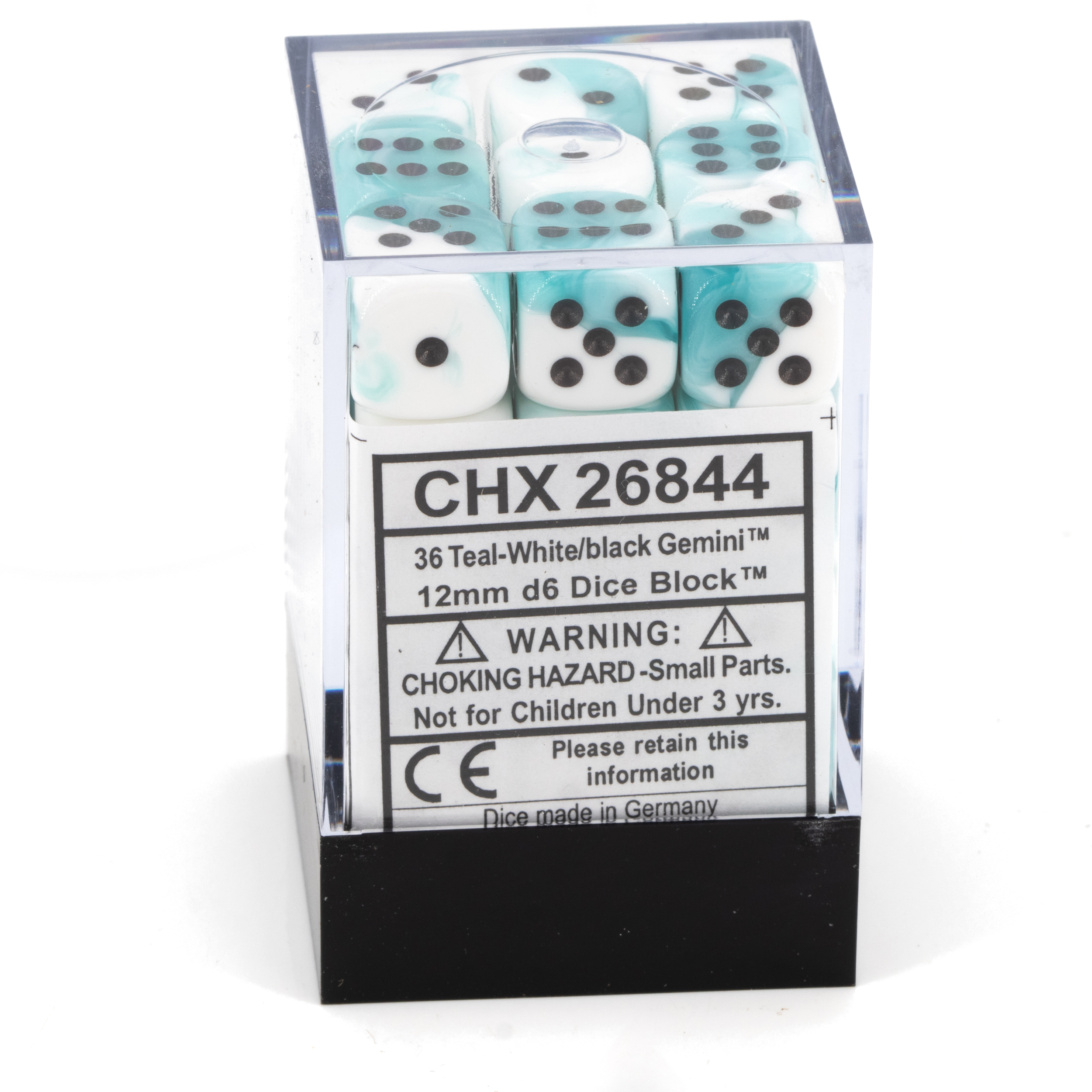 Gemini®, Transparent weiß-Türkis / Schwarz 12mm W6 Würfel Set (36 Würfel)