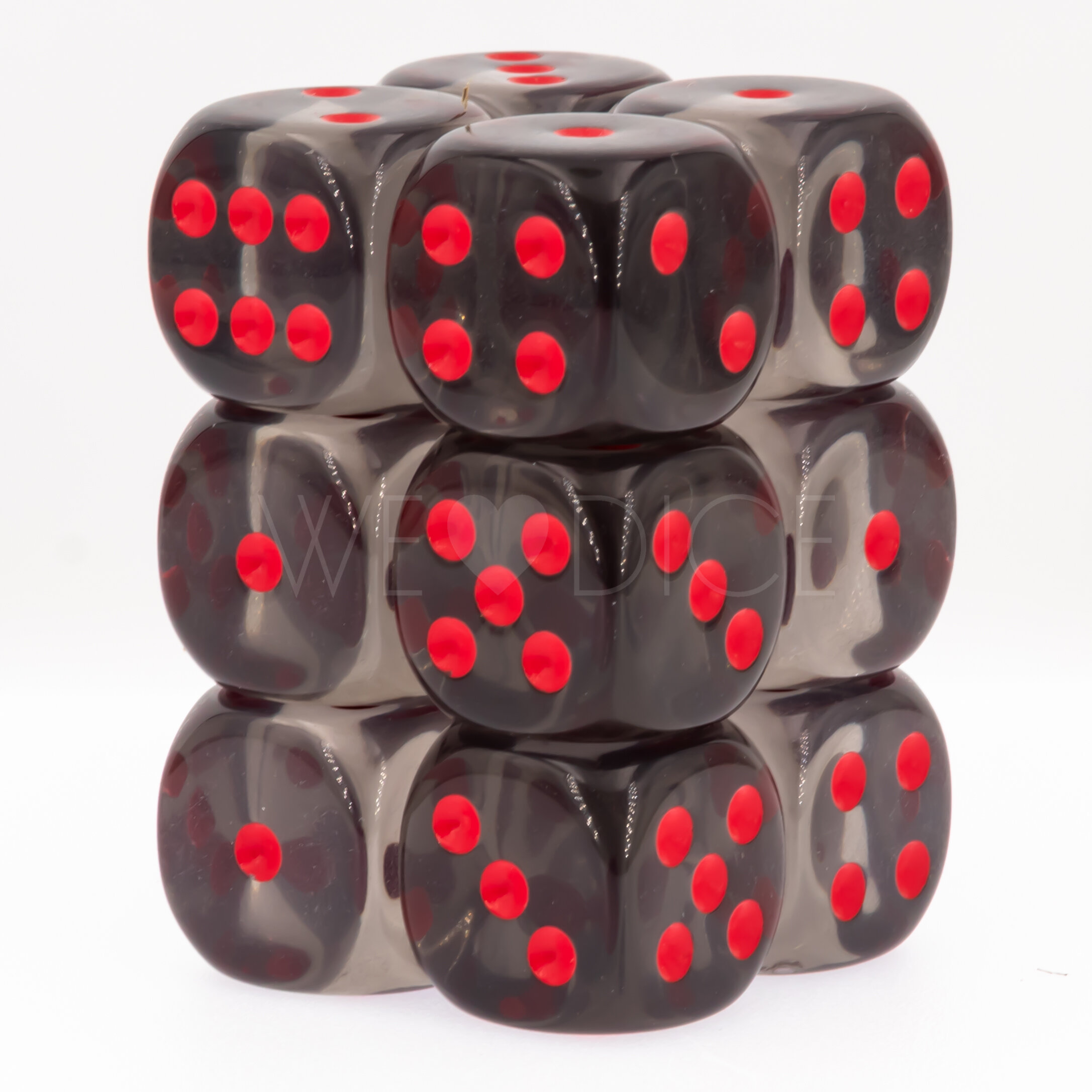 Transparent Rauch / rot 16mm W6 Würfel Set (12 Würfel)