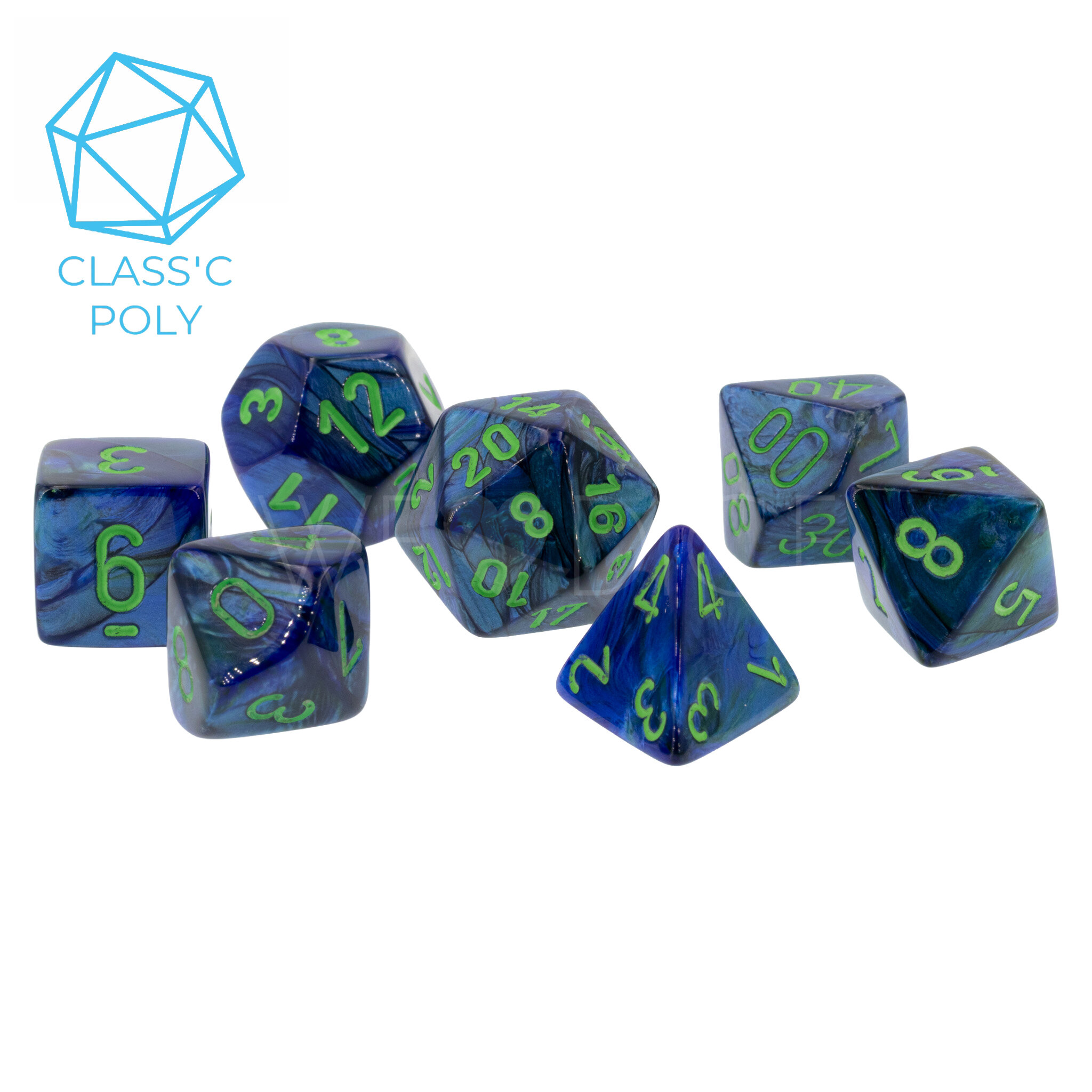 Lustrous  Polyhedral Dark Blue w/Green 7-Würfel Set