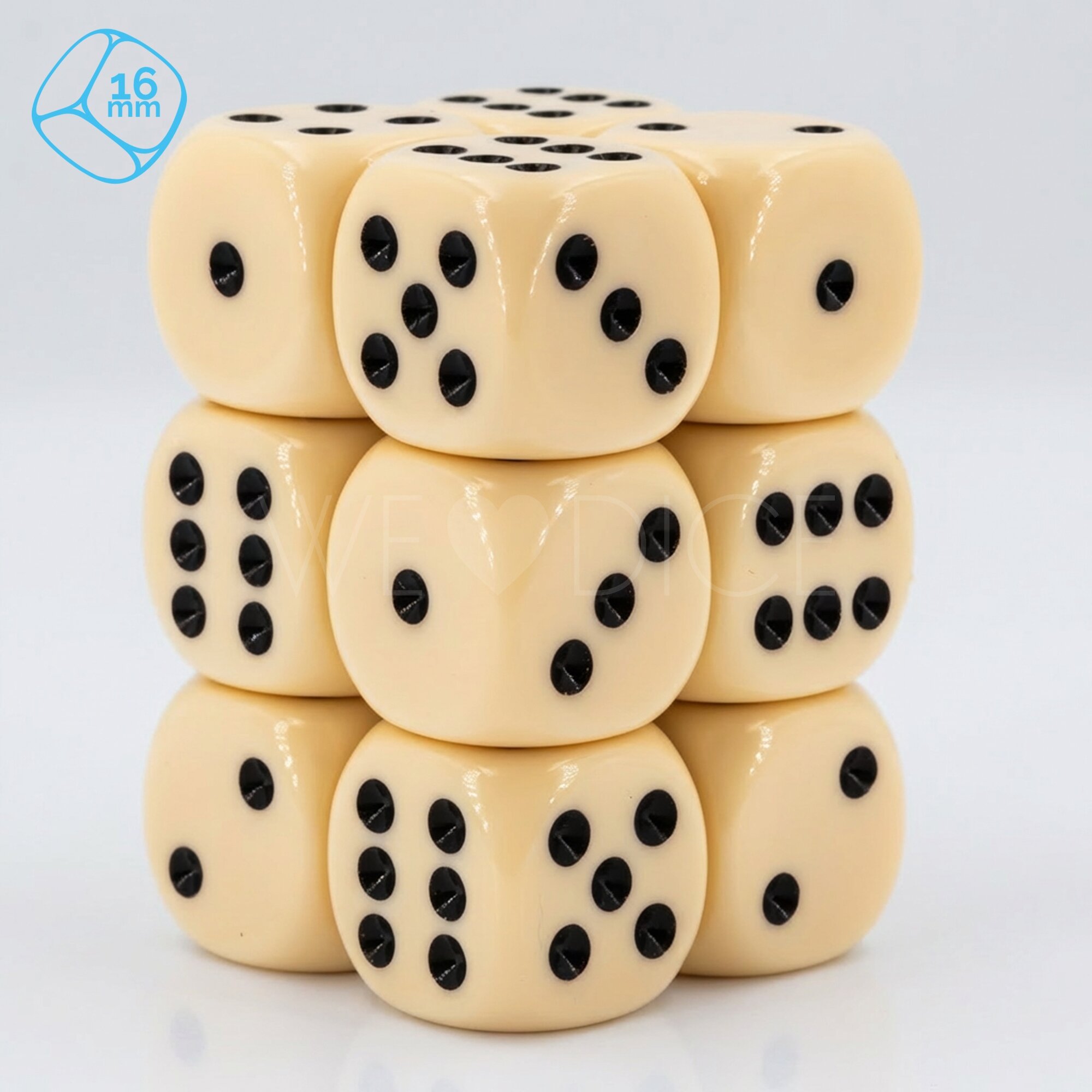 Opaque ivory  / black 16mm D6 Dice Set  (12Pcs)