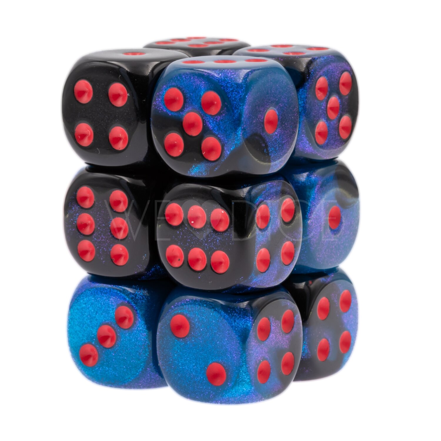 Gemini® Schwarz-Starlight / rot 16mm W6 Würfel Set (12 Würfel)