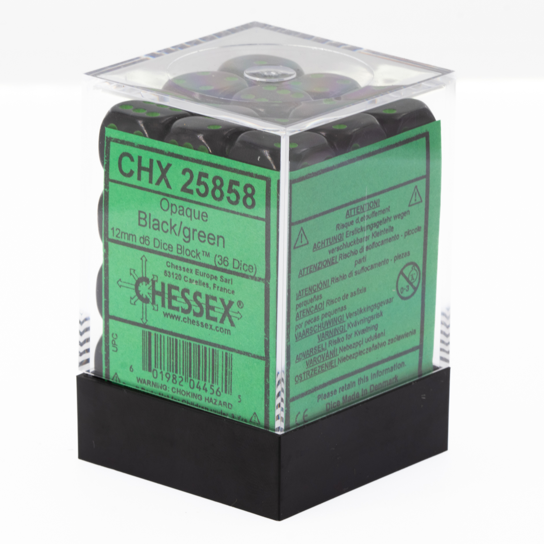 Opaque black / green 12mm D6 Würfel Set (36 Würfel)