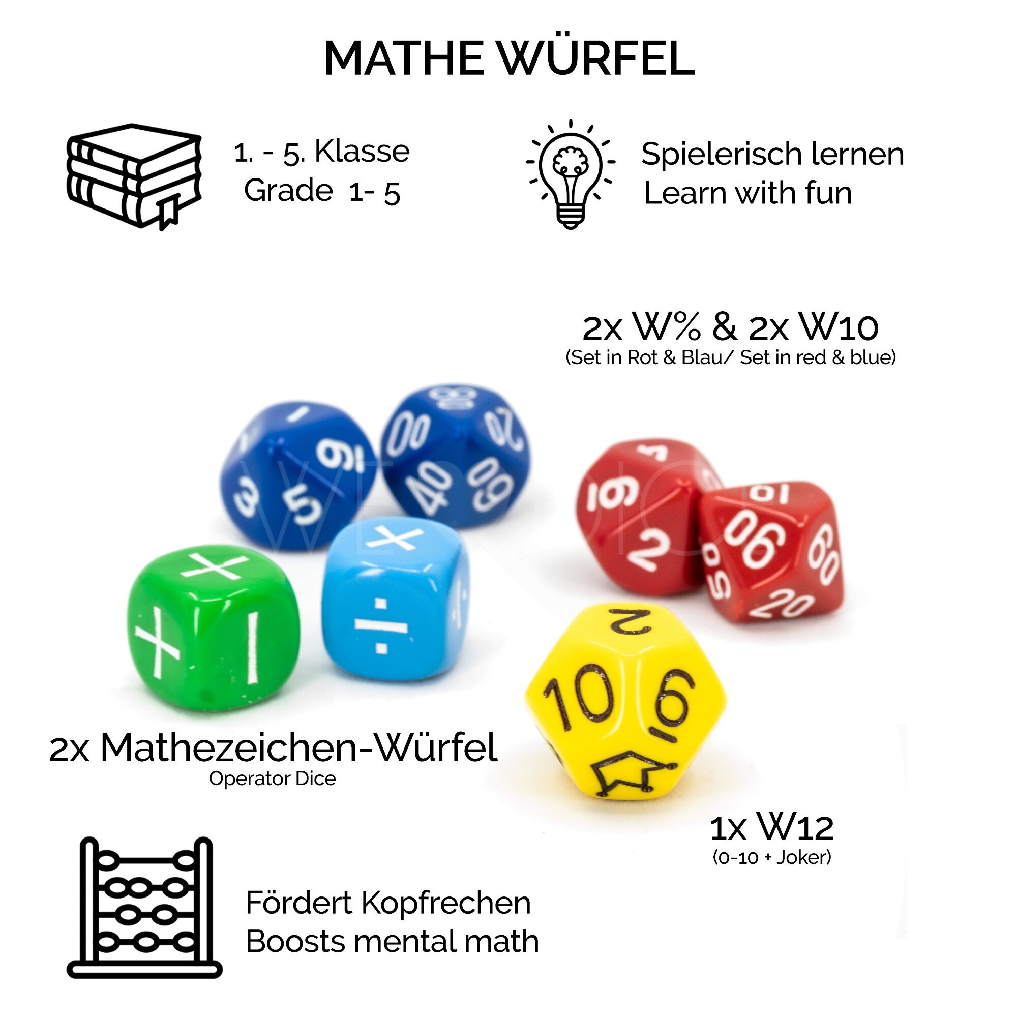 Math Dice Set Grades 1-5 | 7 Learning Dice, Learn mental Math with Fun