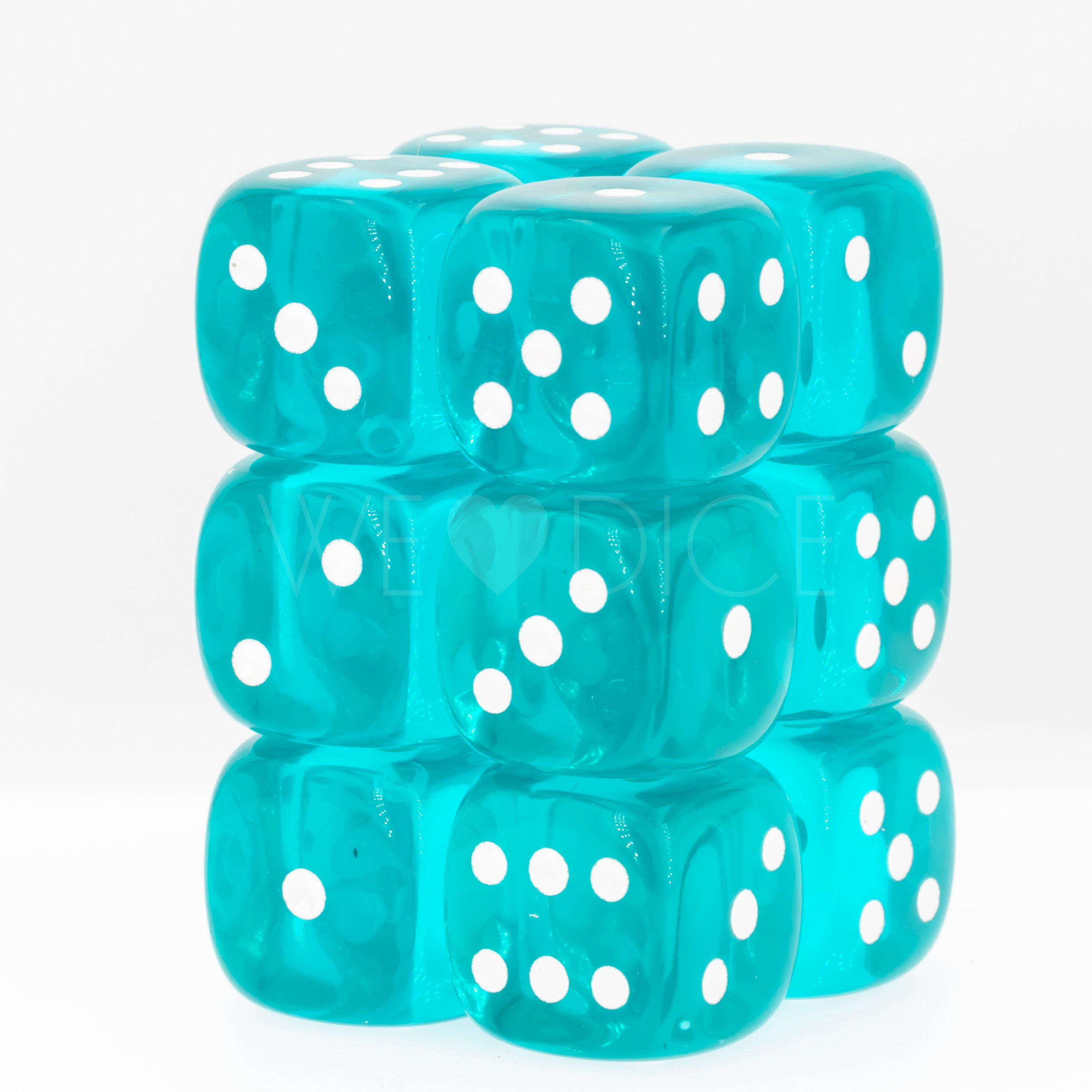 Transparent Türkis / weiß 16mm W6 Würfel Set (12 Würfel)