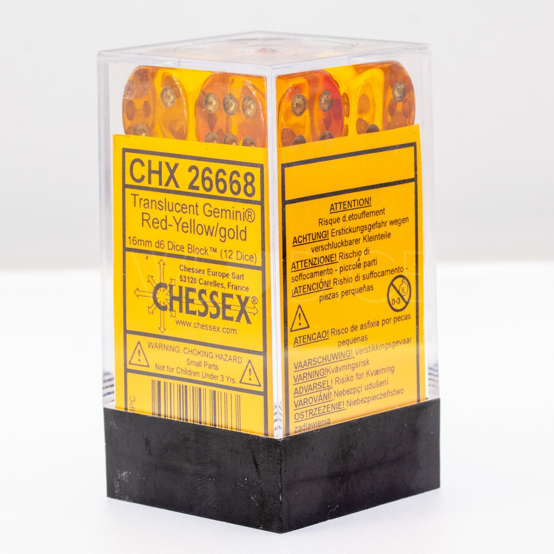 Gemini®, Transparent Rot-Gelb / gold 16mm W6 Würfel Set (12 Würfel)