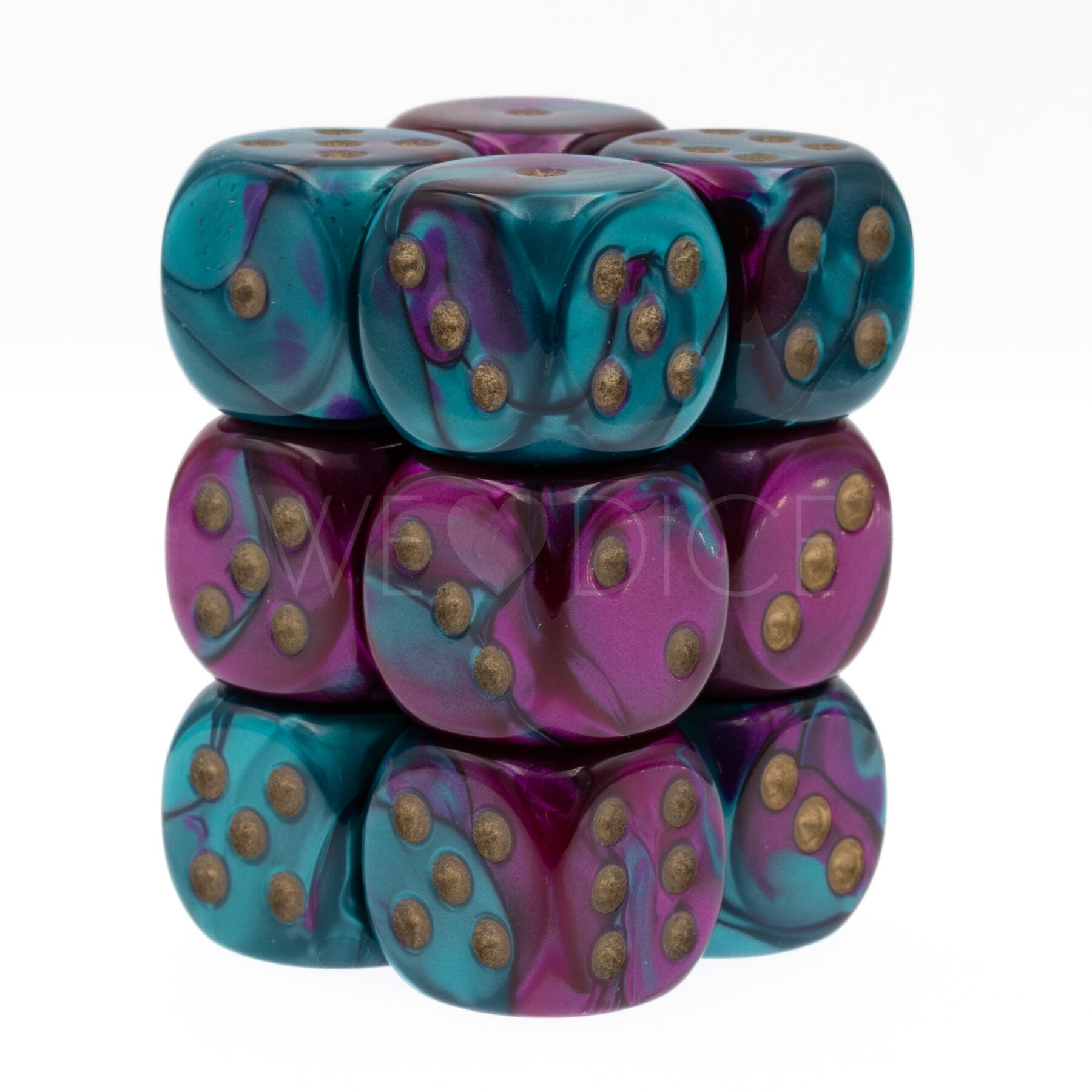 Gemini® Lila-Blaugrün / gold 16mm W6 Würfel Set (12 Würfel)