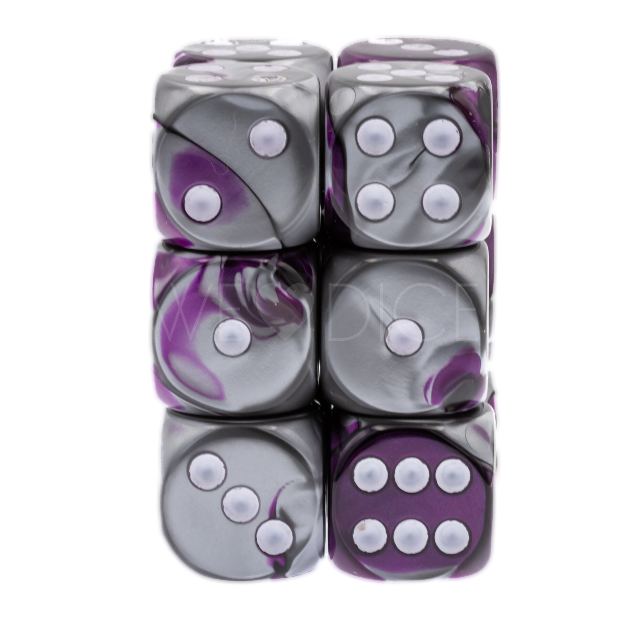 Gemini® Lila-Stahl / weiß 16mm W6 Würfel Set (12 Würfel)