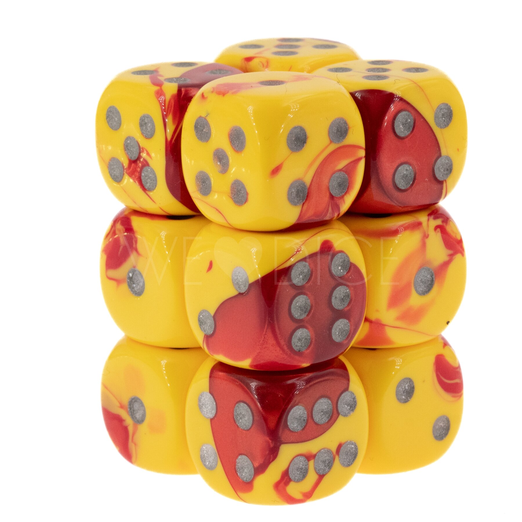 Gemini® Rot-Gelb / silber 16mm W6 Würfel Set (12 Würfel)