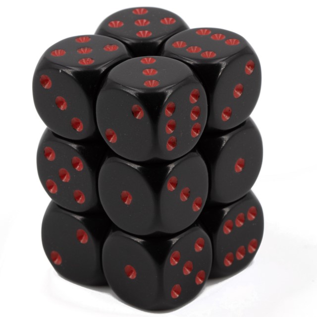 Opaque Black / red 16mm D6 Dice Set (12 dice)