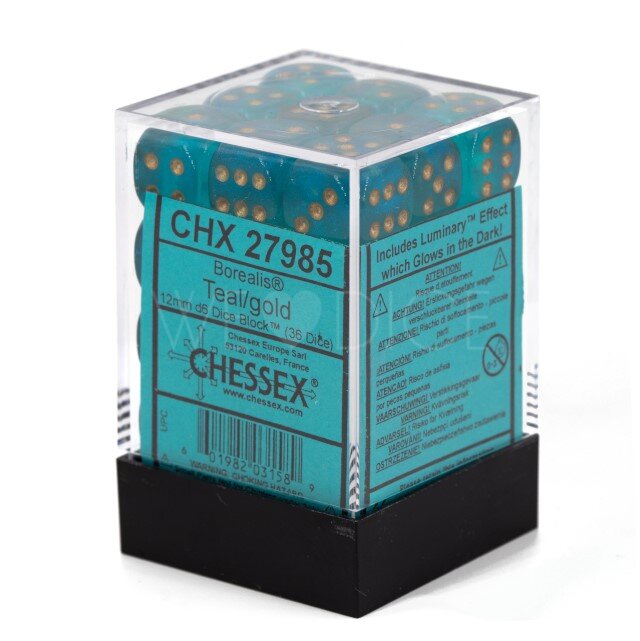 Borealis® Blaugrün / Gold 12mm W6 Würfel Set (36 Würfel)