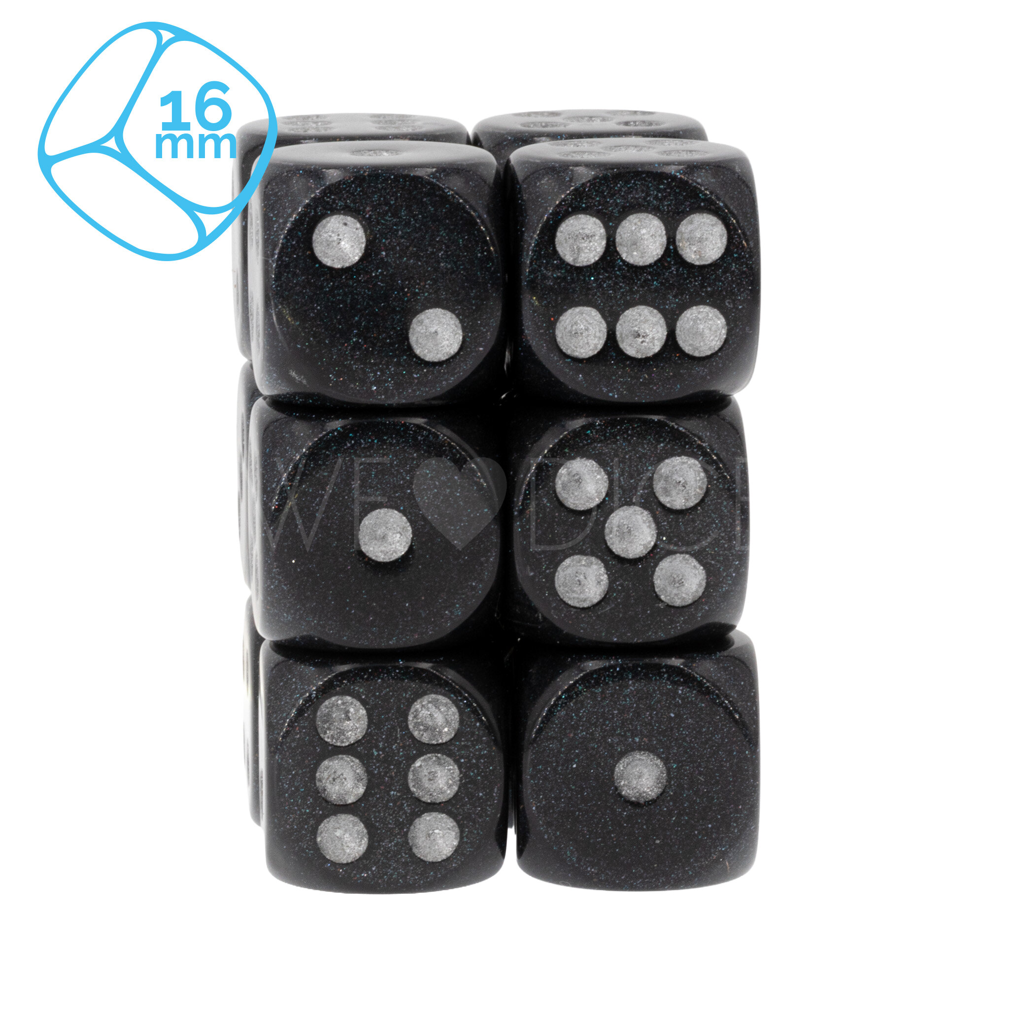 Borealis® Smoke / silver 16mm D6 Dice Set (12 dice)