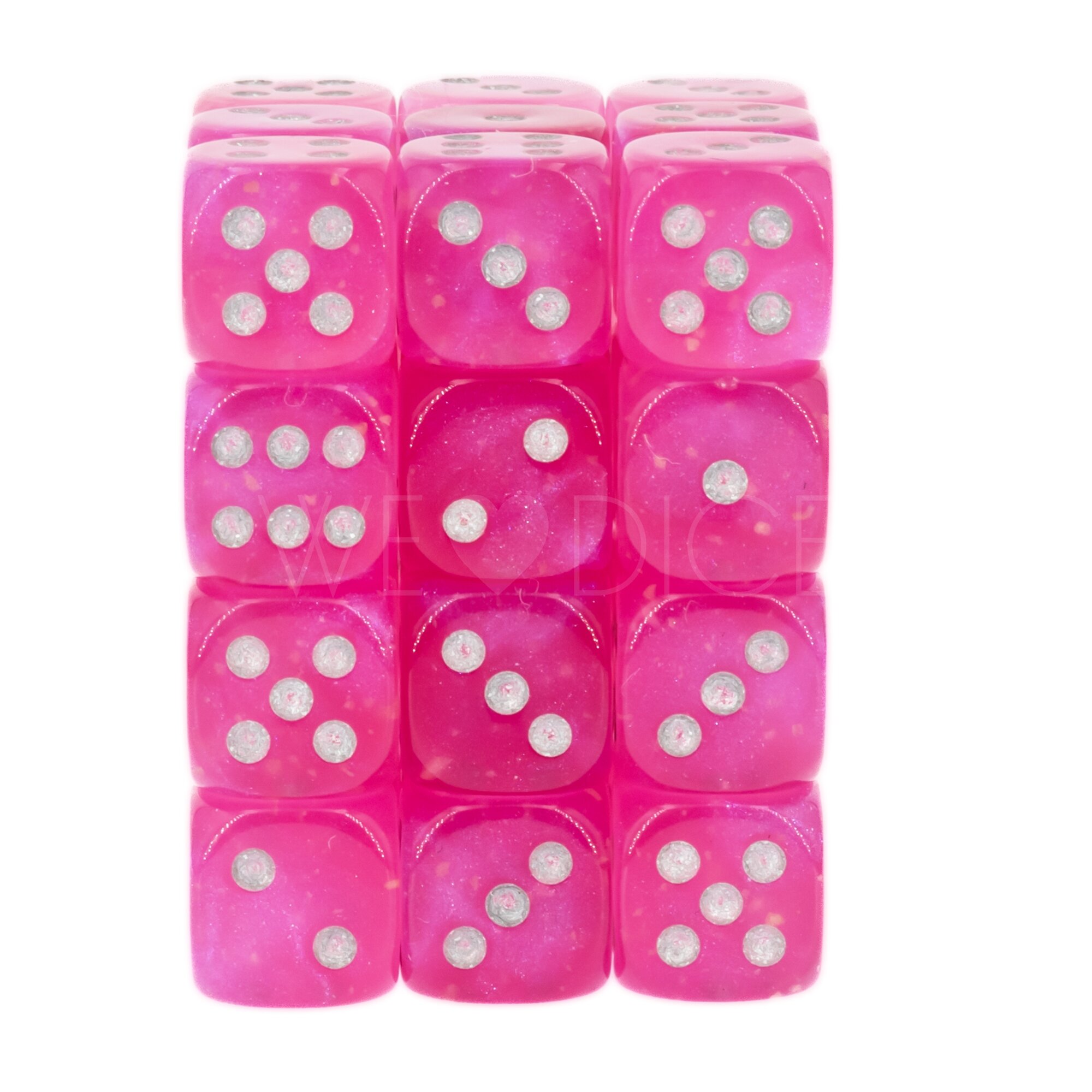 Borealis® Pink / silber 12mm W6 Würfel Set (36 Würfel)