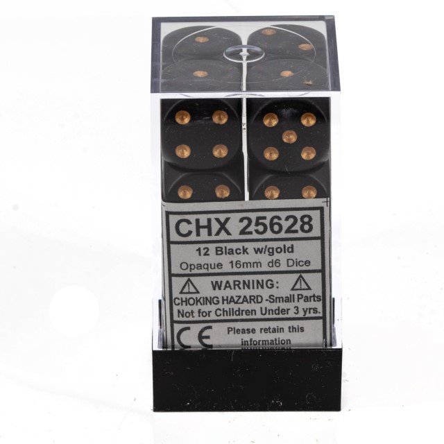 Satt schwarz / gold 16mm W6 Würfel Set (12 Würfel)