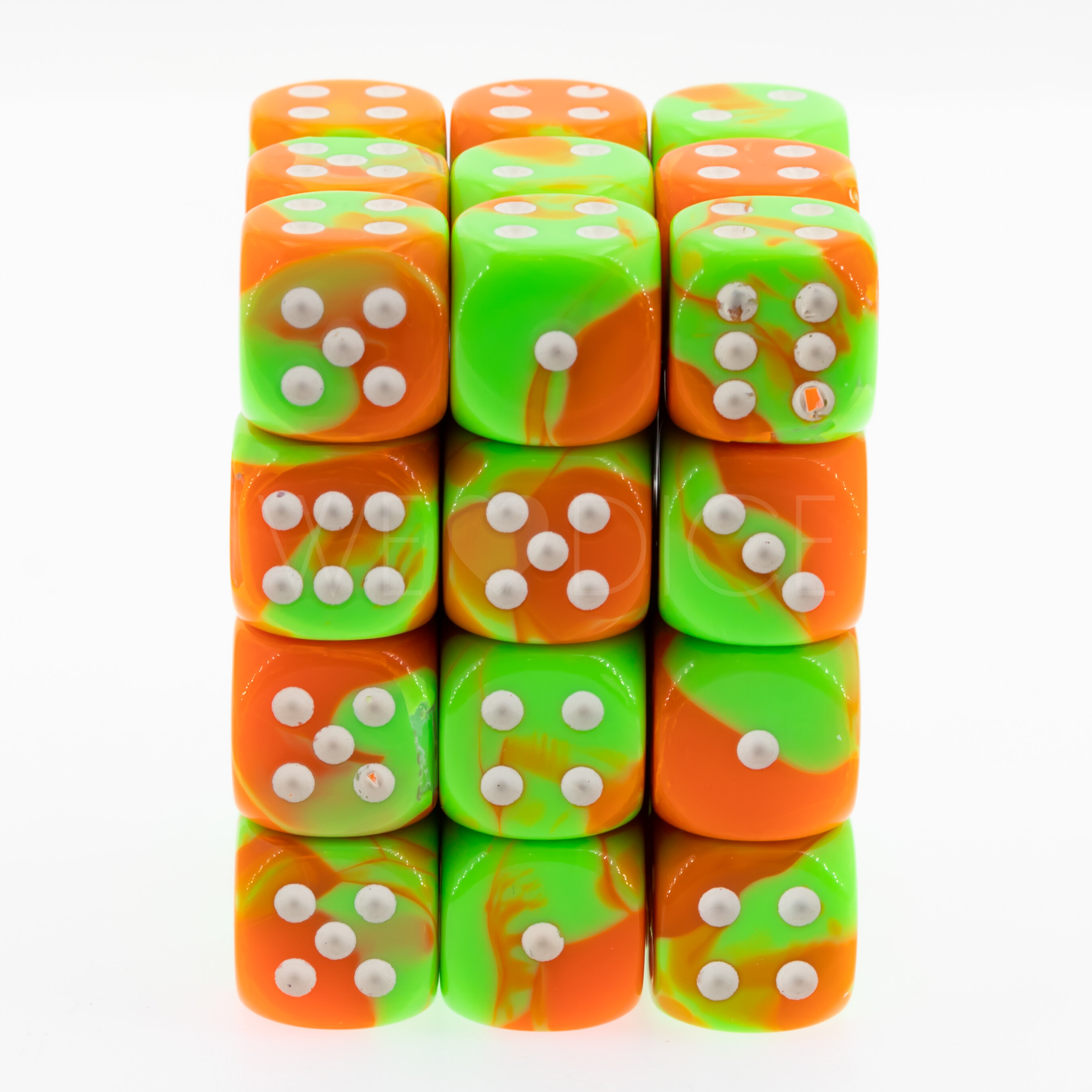 2-way neon orange - green / white 12mm D6 Dice Set  (36Pcs)