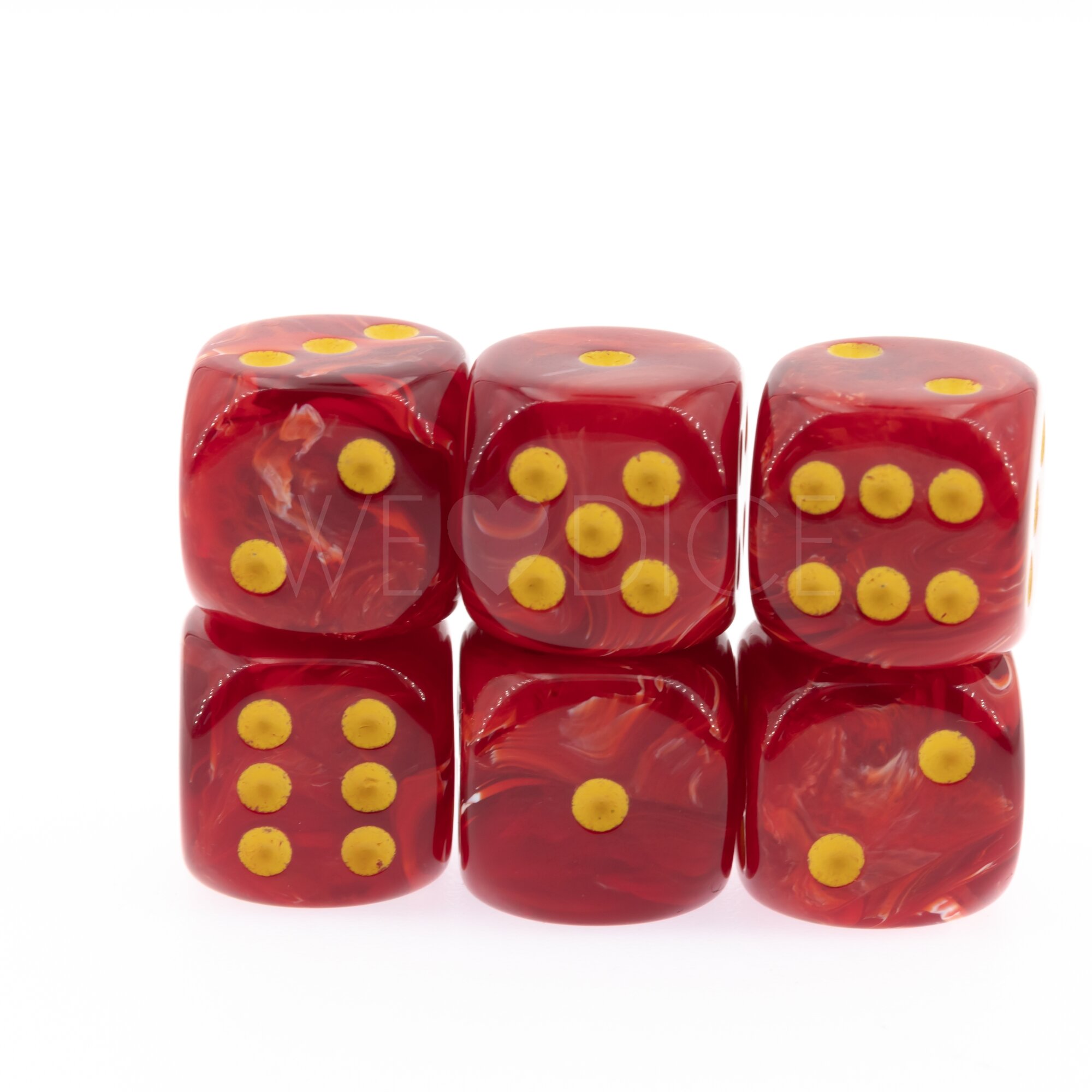 16mm W6 Würfel in rot marmor / gelb