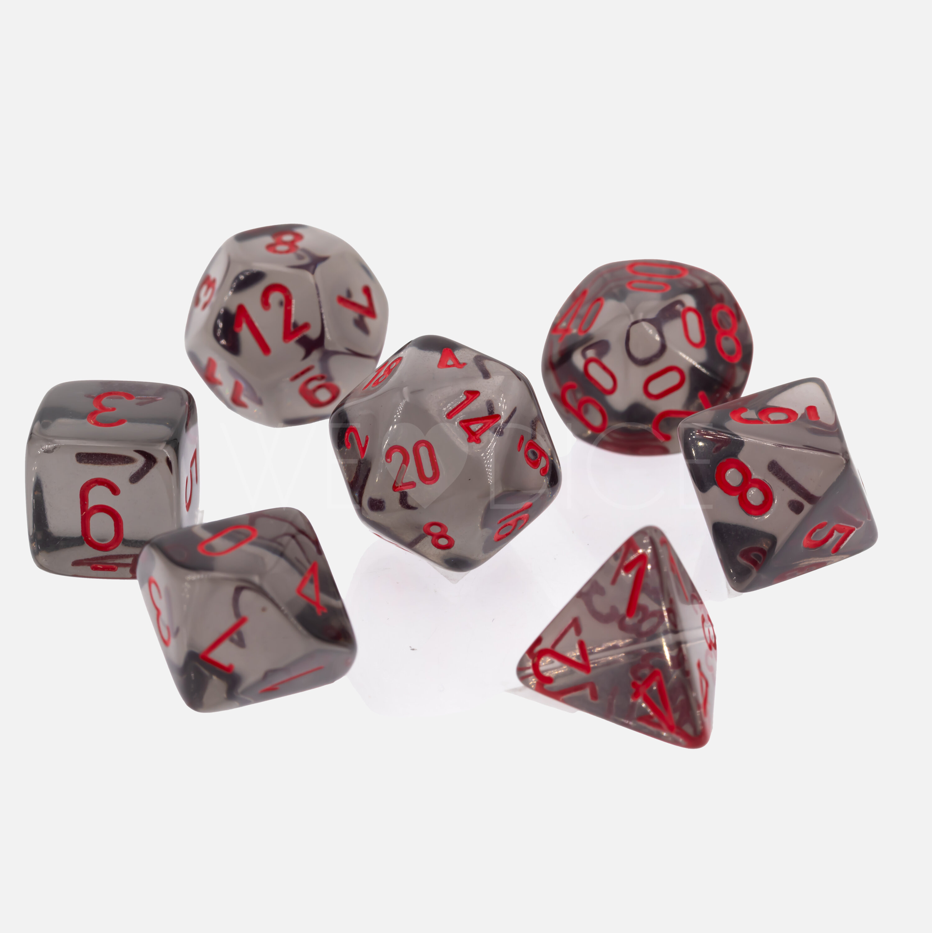 Transparent Polyhedral Rauch / rot 7-Würfel Set