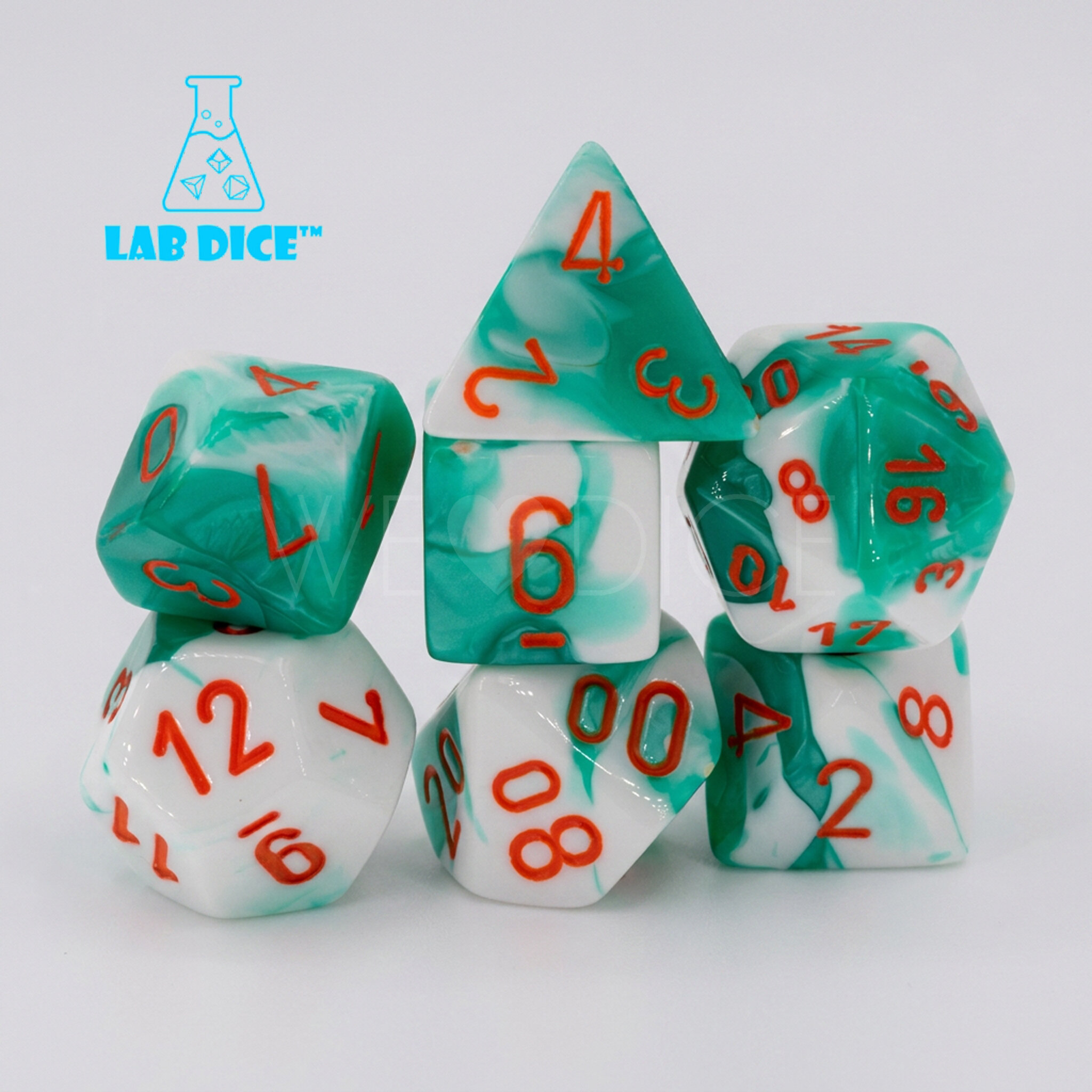 LabDice Gemini® Mint Green-White/orange  Set 7 Stück