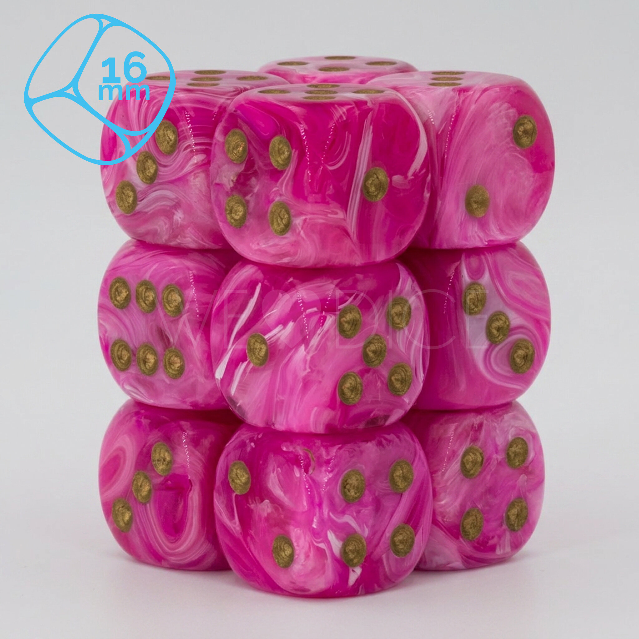 Marmor rosa / gold  16mm W6 Würfel Set (12 Würfel)