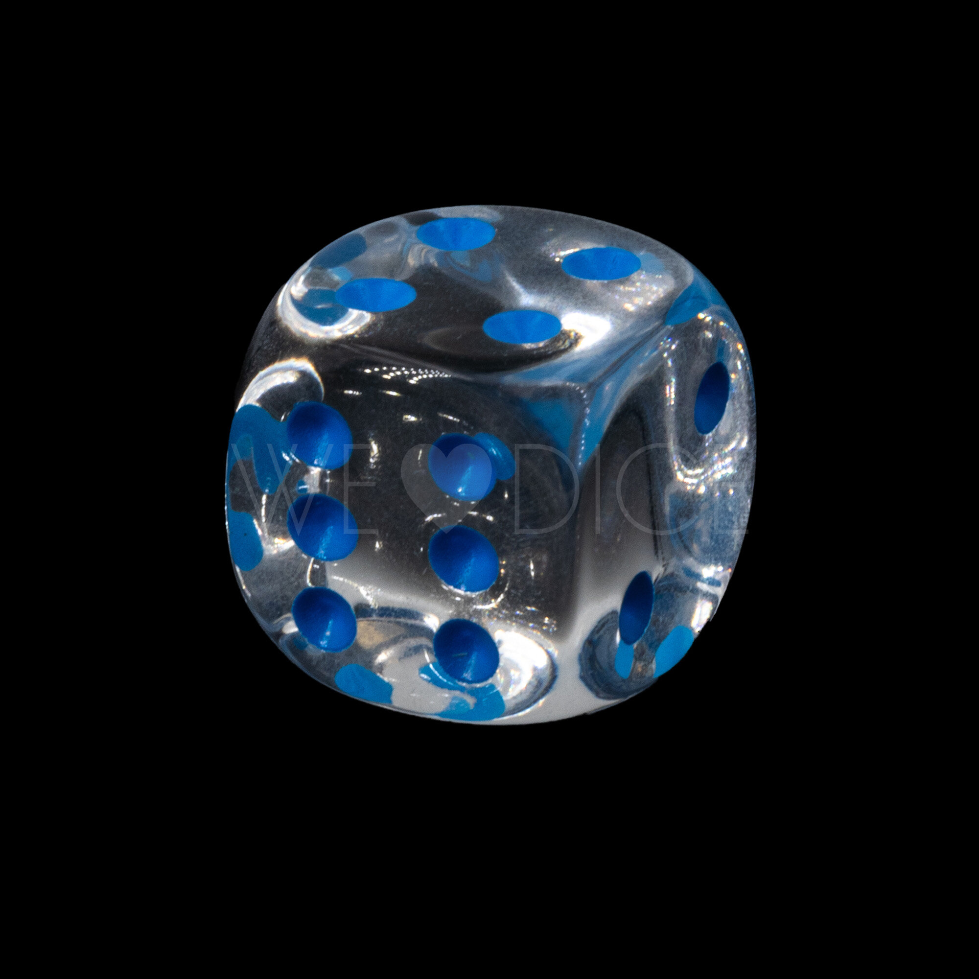 16mm W6 Würfel in glasklar transparent / blau