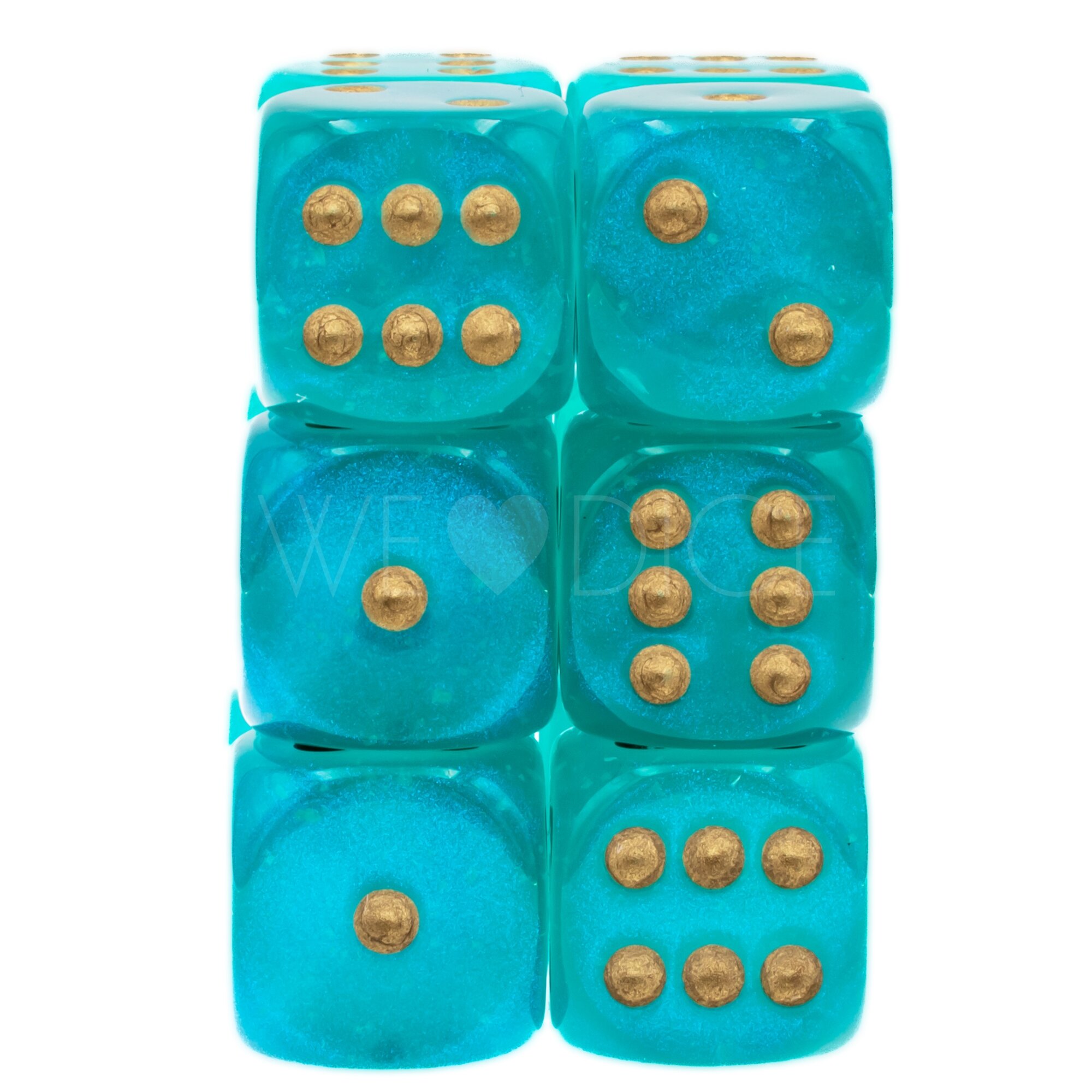 Borealis® Blaugrün / Gold 16mm W6 Würfel Set (12 Würfel)