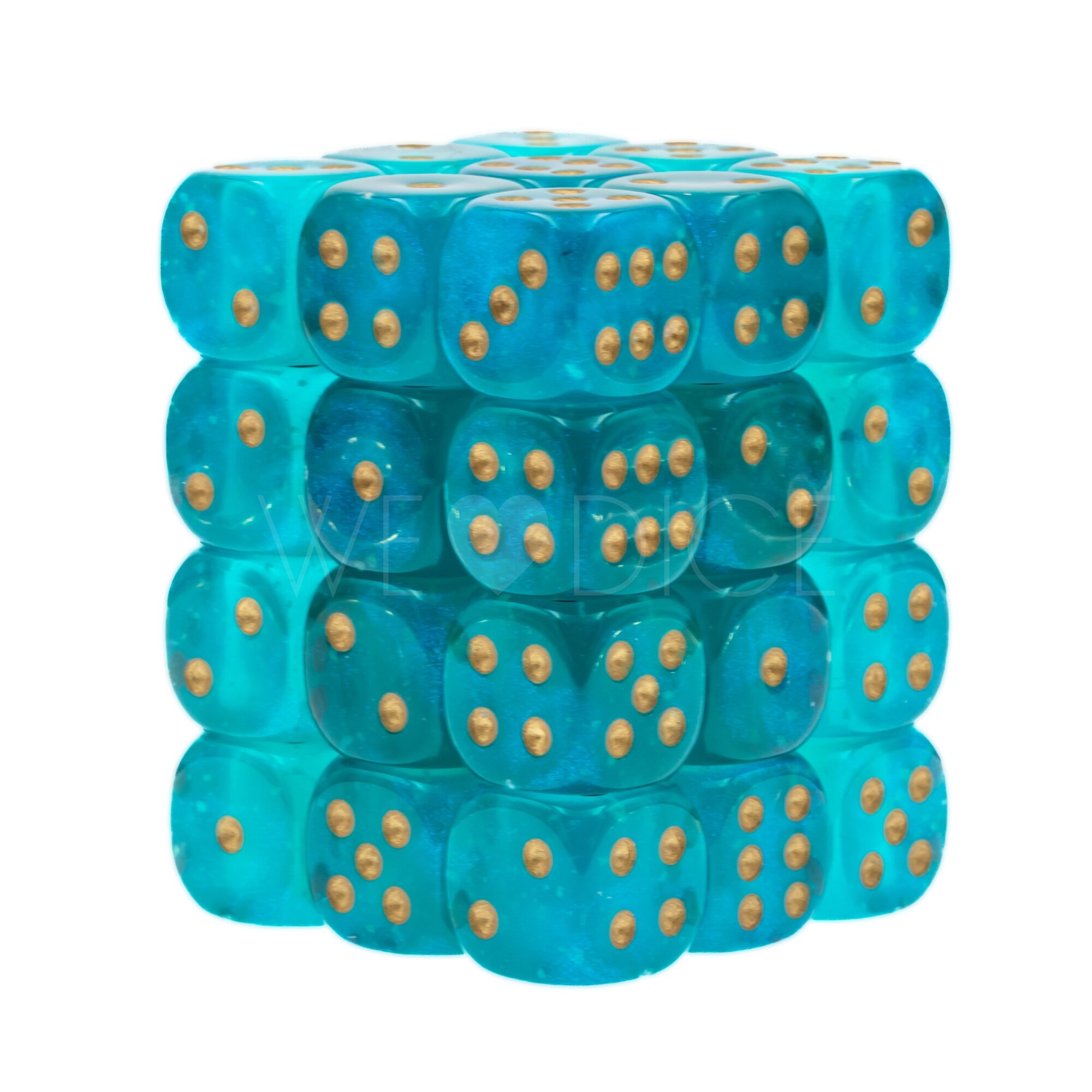 Borealis® Blaugrün / Gold 12mm W6 Würfel Set (36 Würfel)