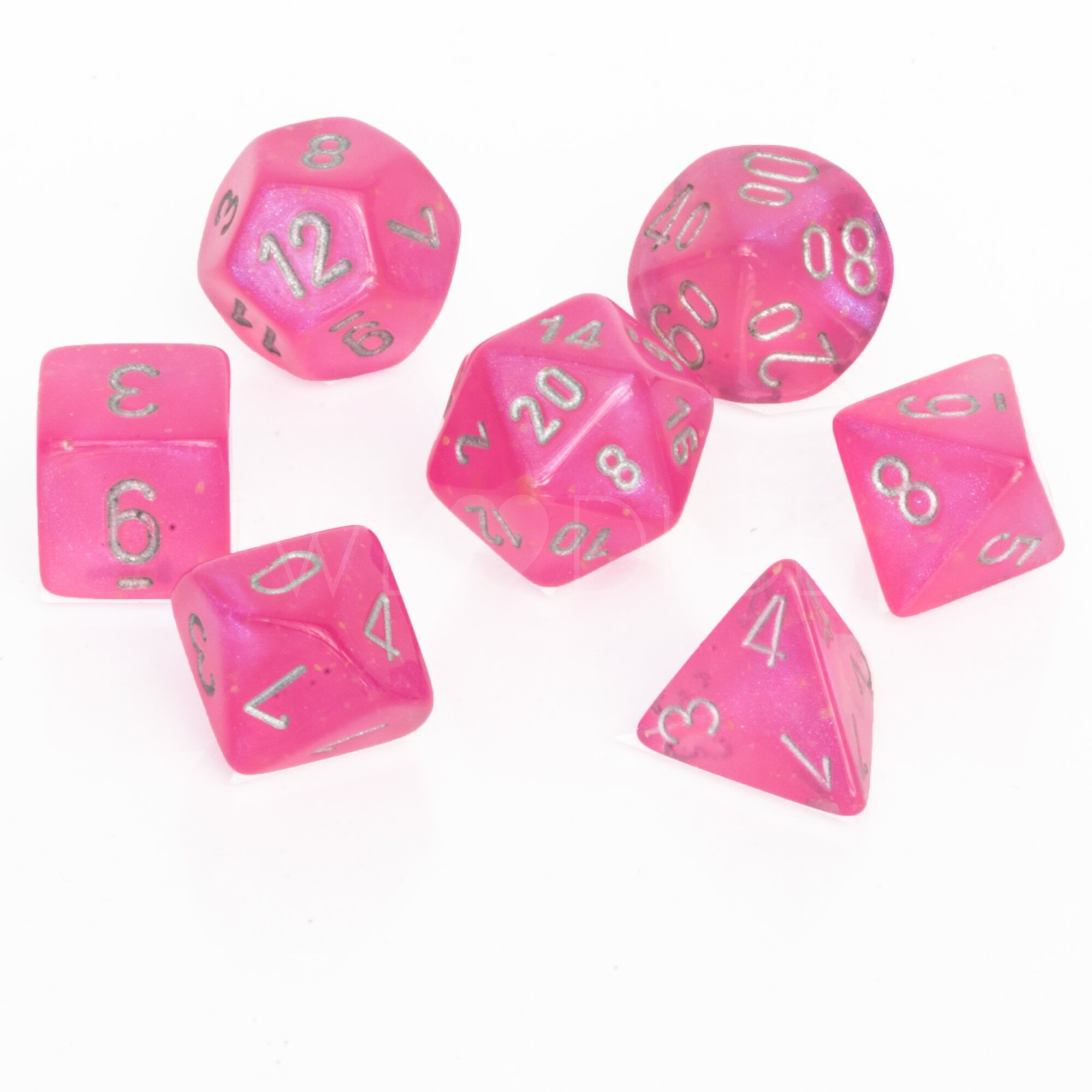 Borealis® Polyhedral Pink / silber 7-Würfel Set