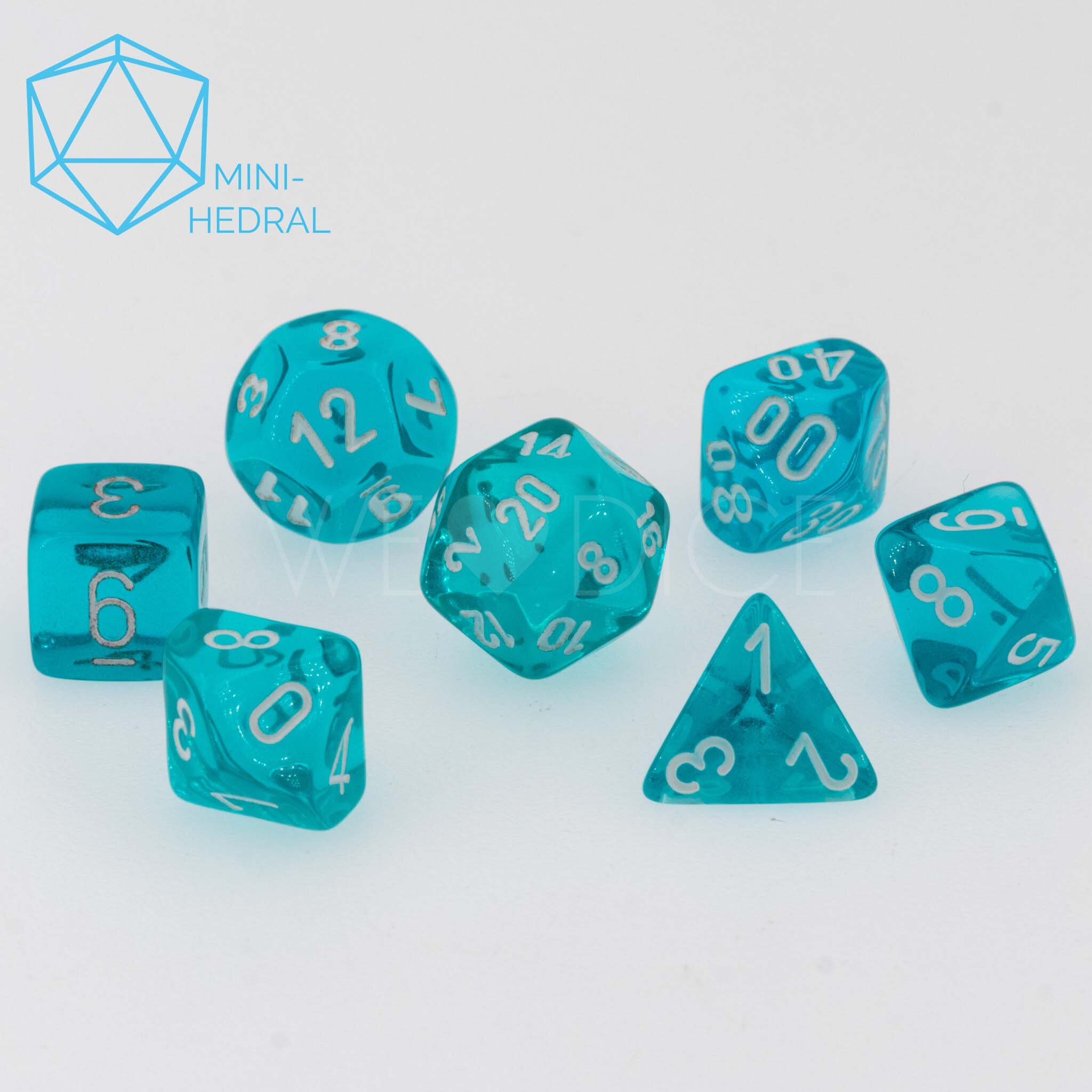 Mini-hedral Transparent Polyhedral Türkis / weiß 7-Würfel Set