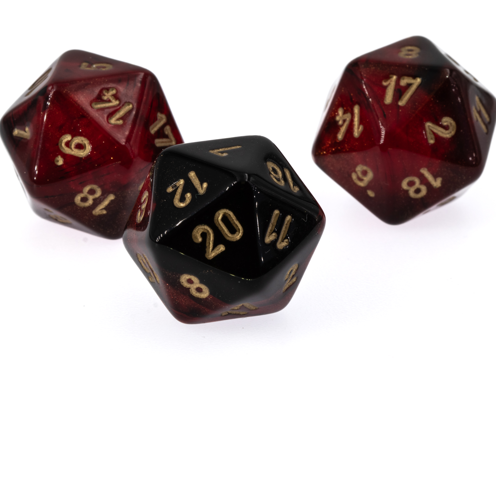 D20 dice in glitter red black / gold 2-way