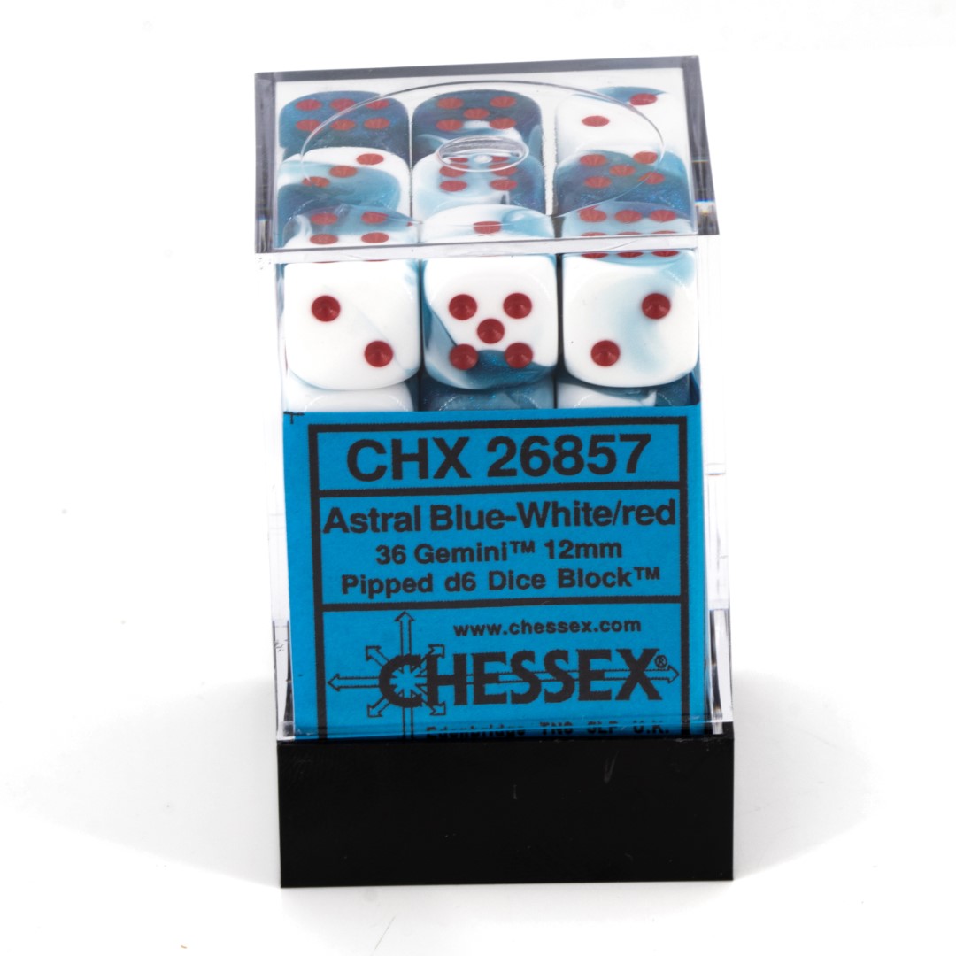 Gemini® Astral Blue-White / red 12mm D6 Dice Set (36 dice)
