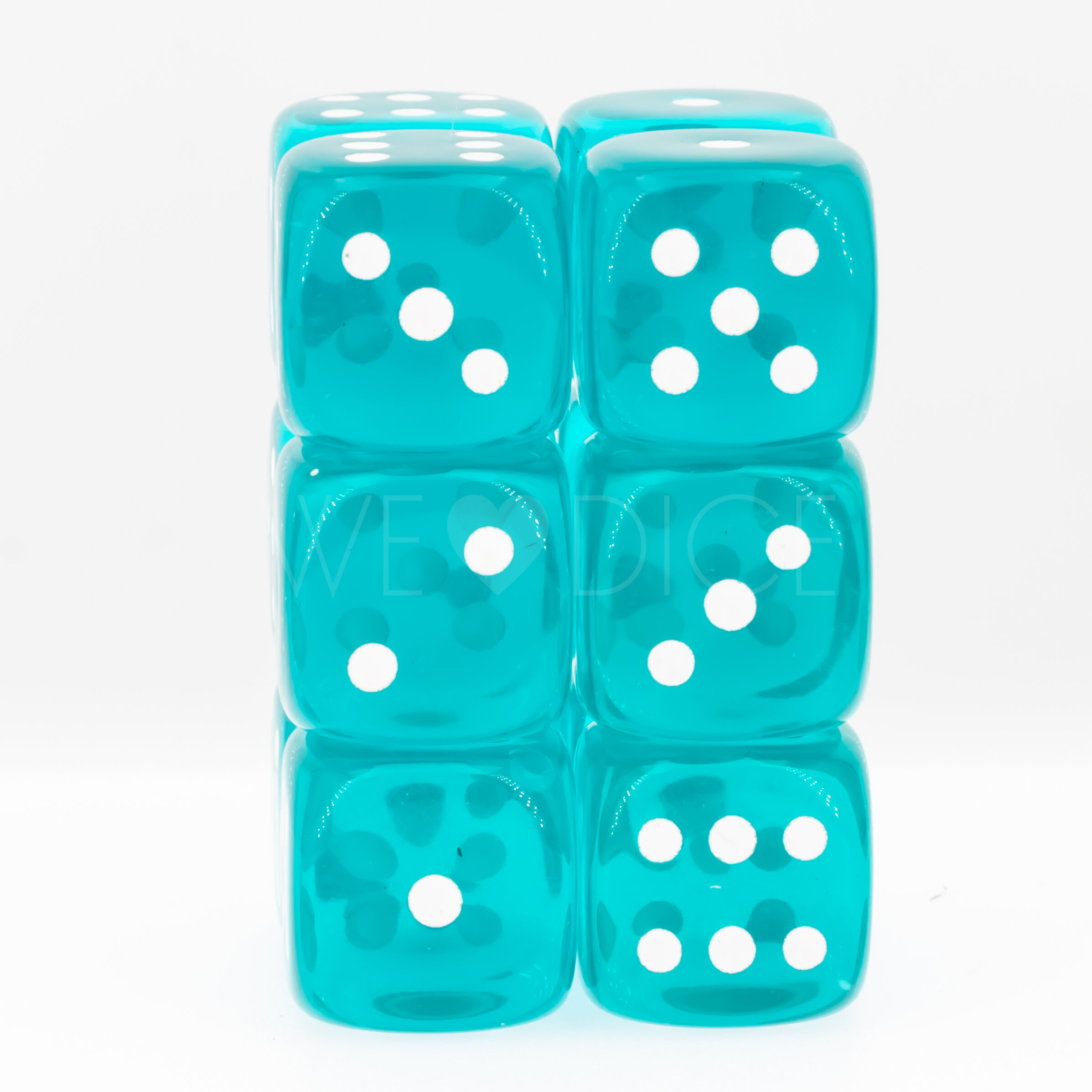 Transparent Türkis / weiß 16mm W6 Würfel Set (12 Würfel)