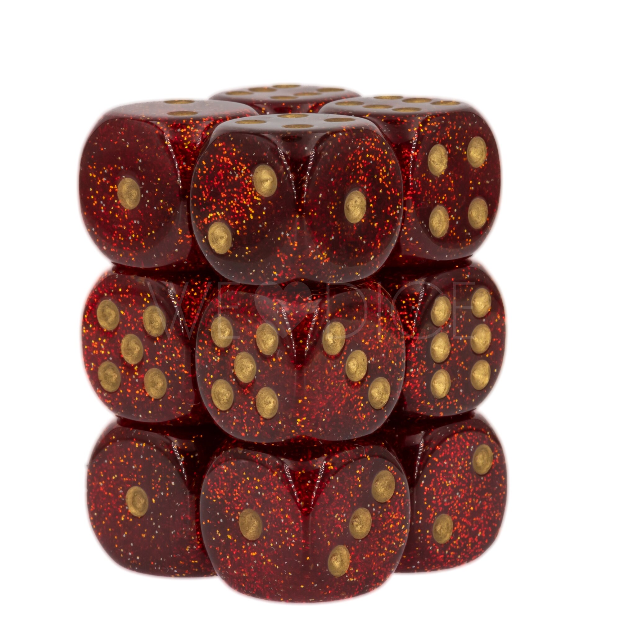 Glitter Ruby / Gold 16mm W6 Würfel Set (12 Würfel)