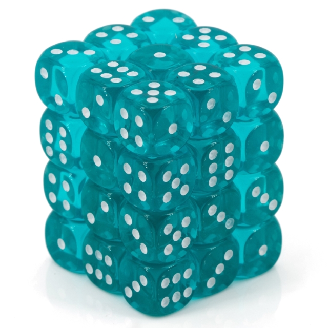 Translucent Teal / white 12mm D6 Dice Set (36 dice)